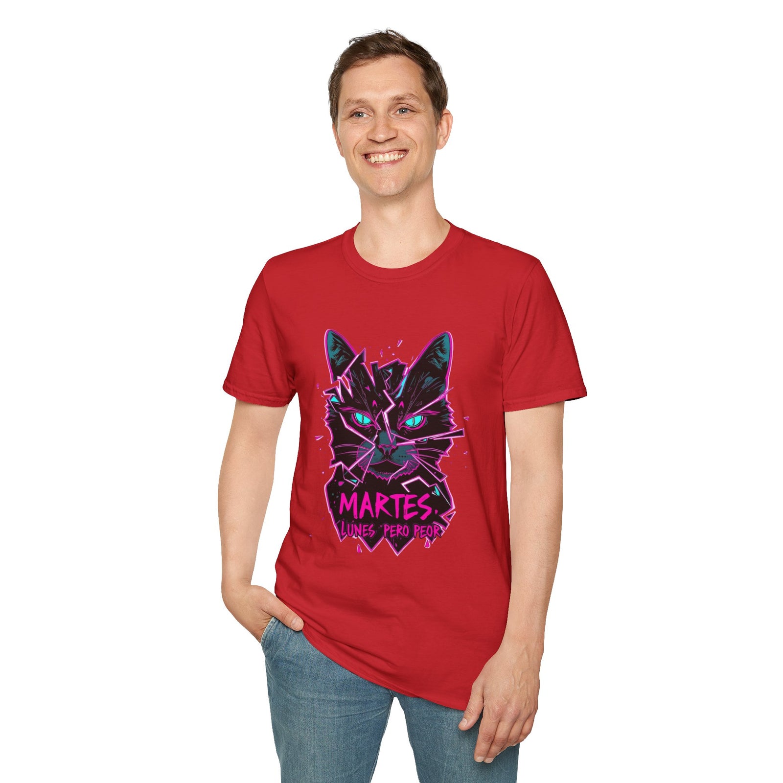 Cat Graphic T-Shirt — Neon Retro "Martes" Design (Lunes Pero Puro)