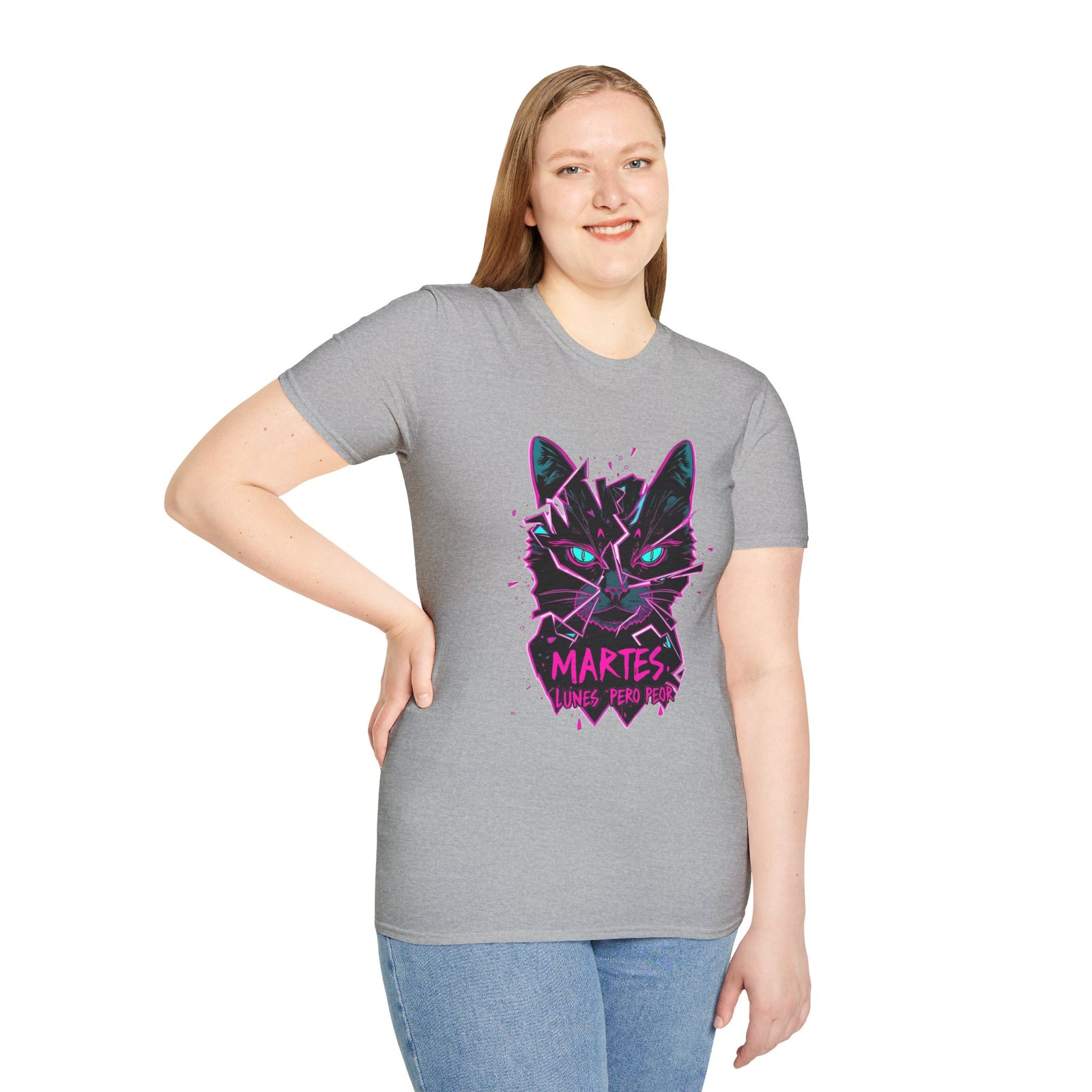Cat Graphic T-Shirt — Neon Retro "Martes" Design (Lunes Pero Puro)