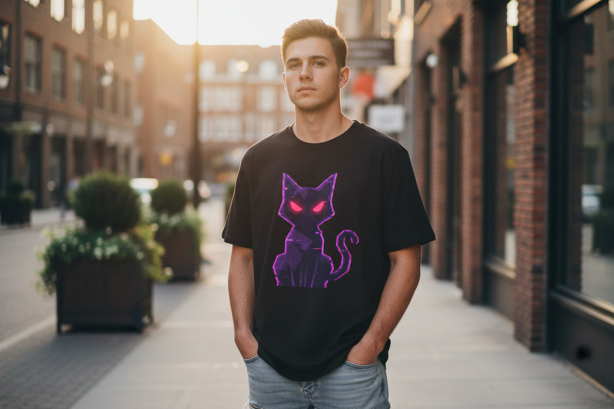 Camiseta negra gato bold lines ojos rojos diseño Gatoloco