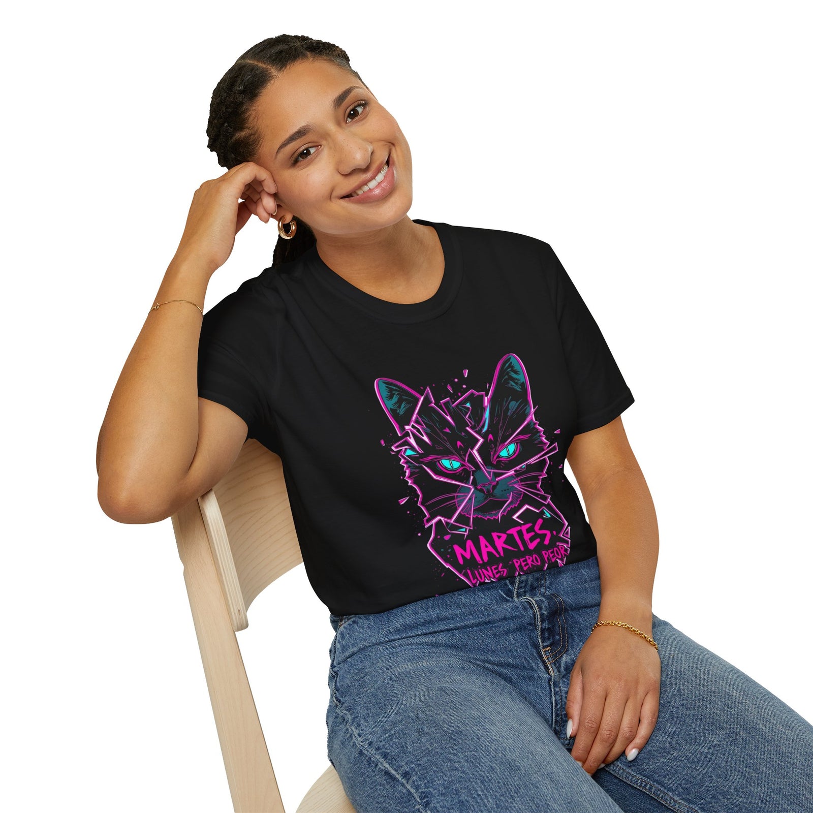 Cat Graphic T-Shirt — Neon Retro "Martes" Design (Lunes Pero Puro)