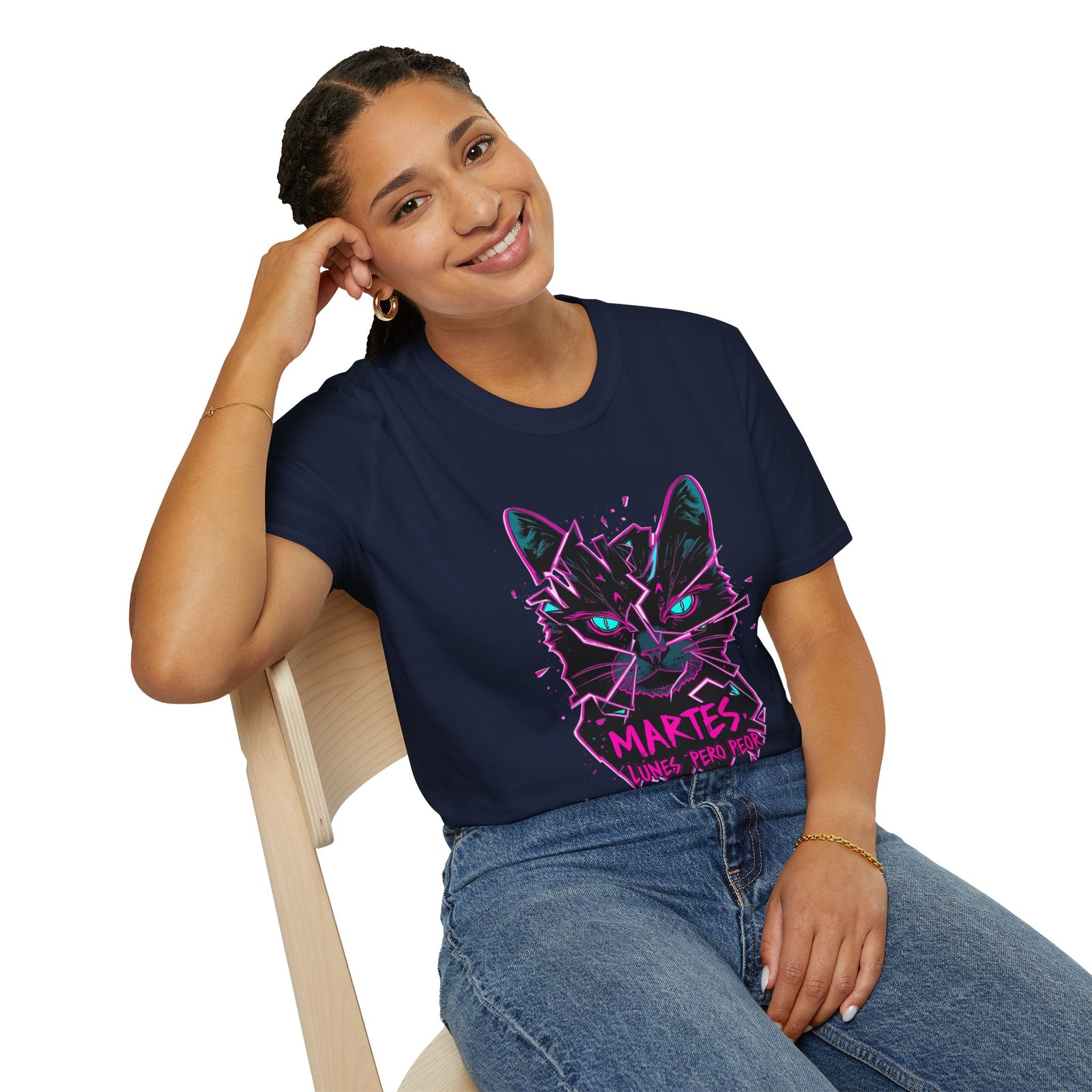 Cat Graphic T-Shirt — Neon Retro "Martes" Design (Lunes Pero Puro)