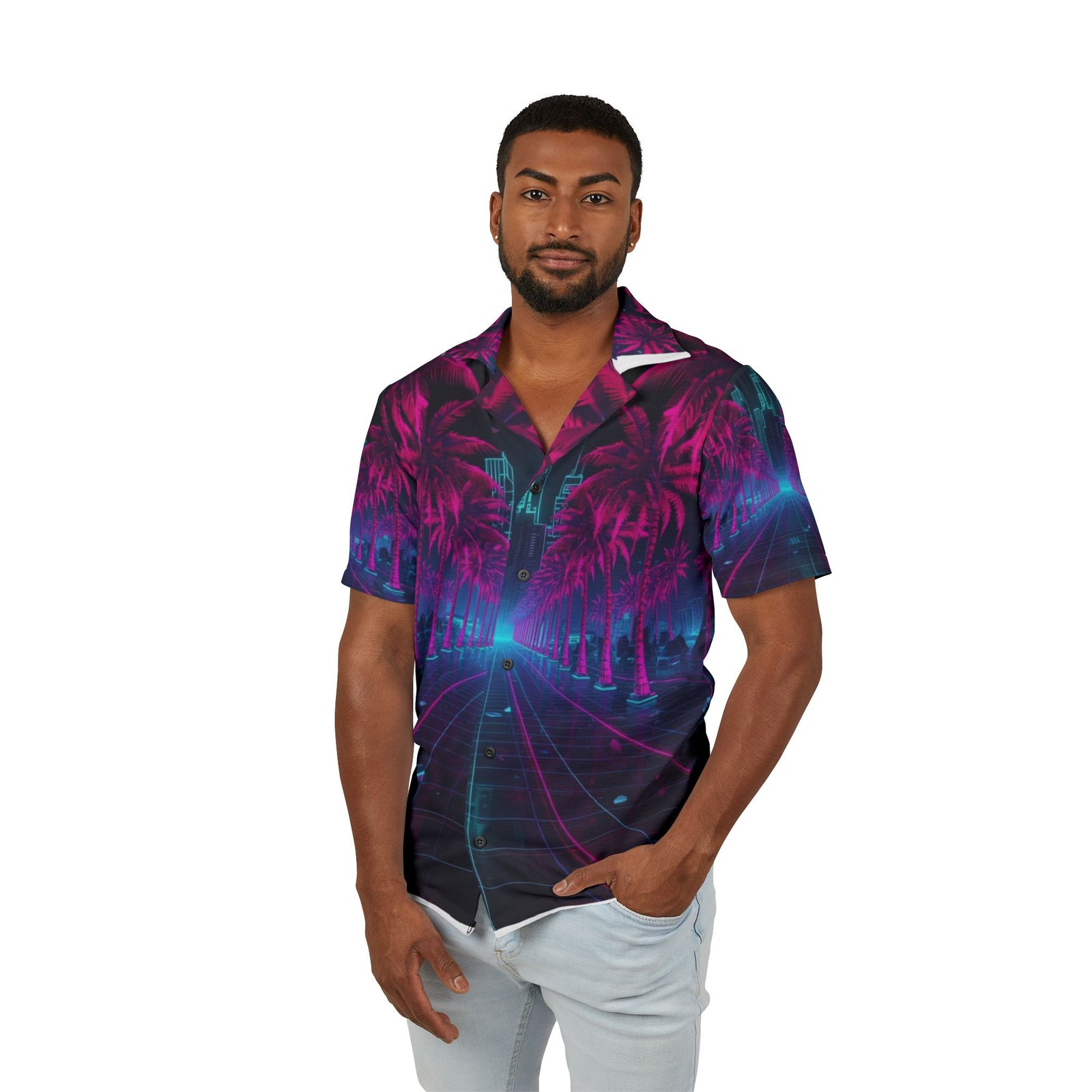 Retro Neon Palm Hawaiian Shirt — Vaporwave Aesthetic Camp Shirt