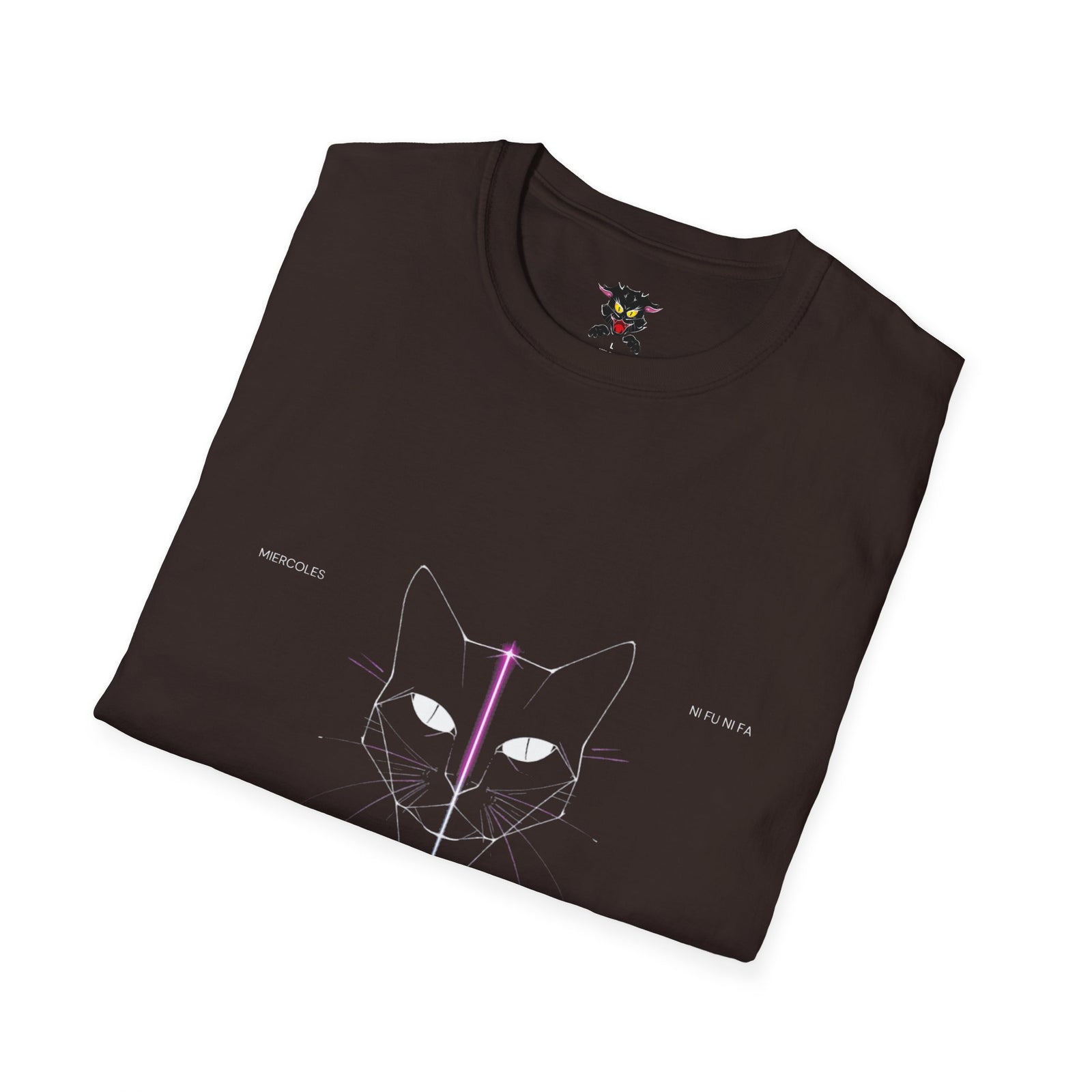 Minimal Cyber Cat T-Shirt — Geometric Neon Cat Face Tee