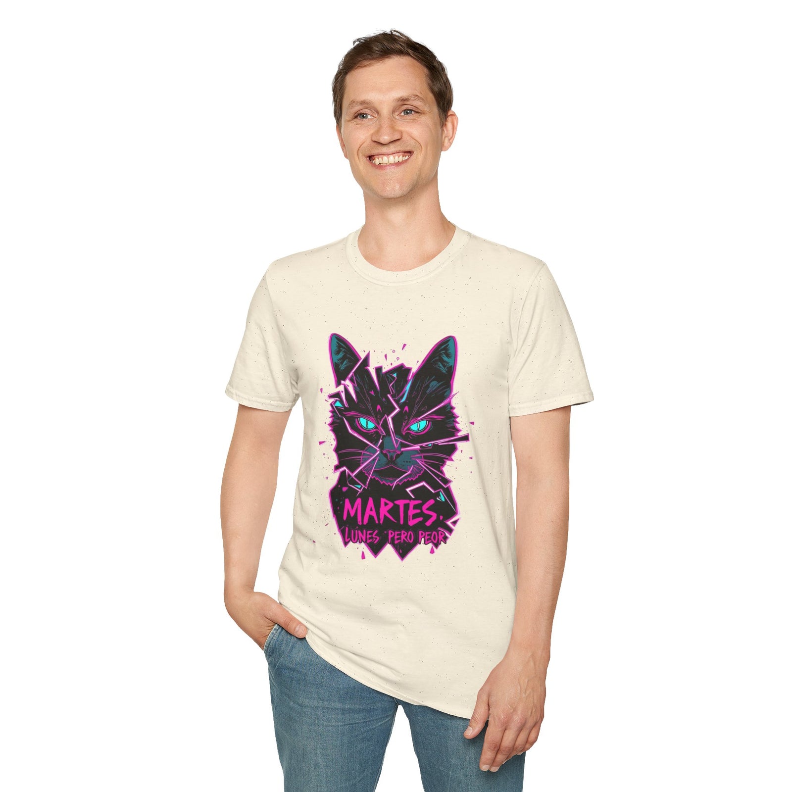 Cat Graphic T-Shirt — Neon Retro "Martes" Design (Lunes Pero Puro)