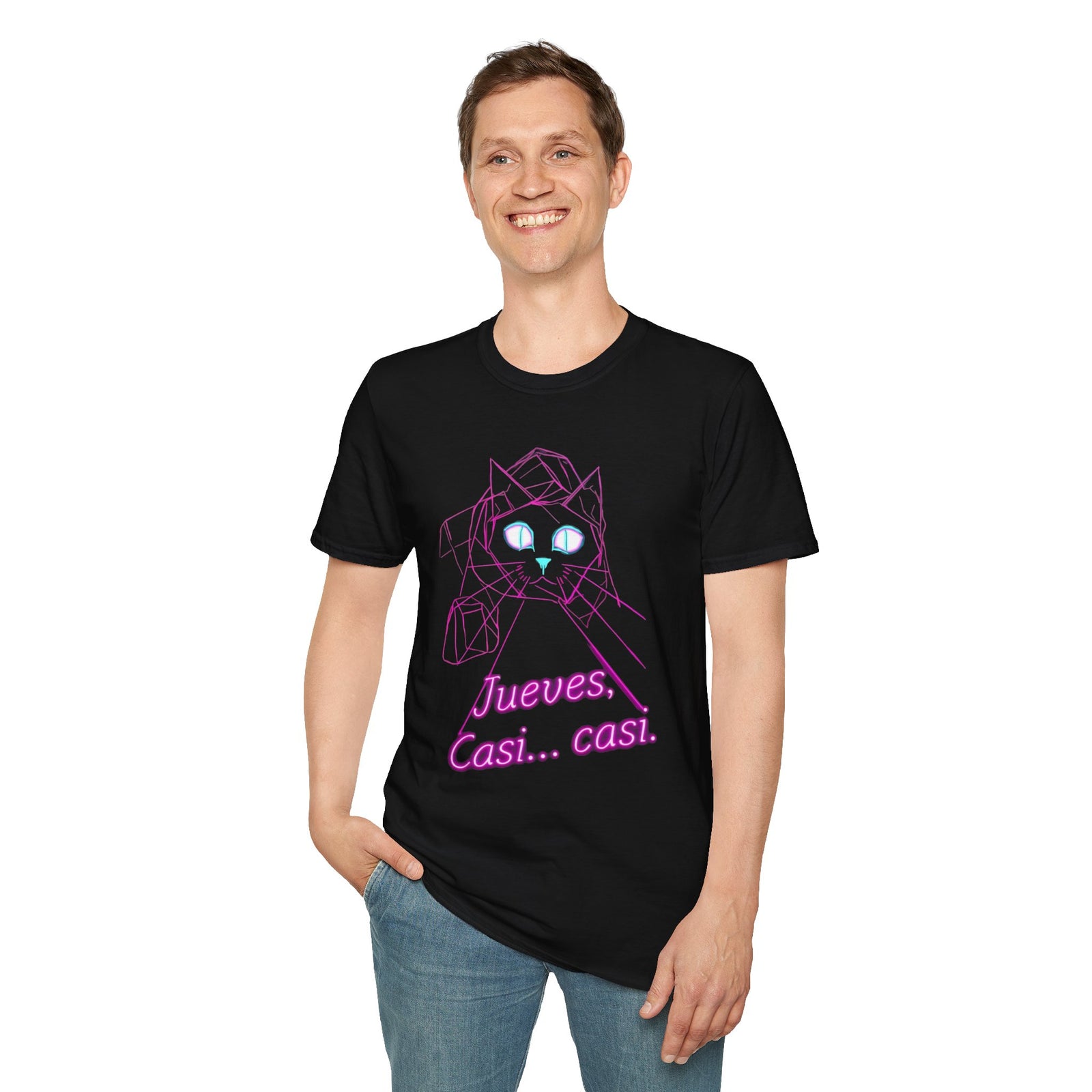 T-Shirt — Neon Cat "Jueves, Casi... casi." Retro Vaporwave Tee