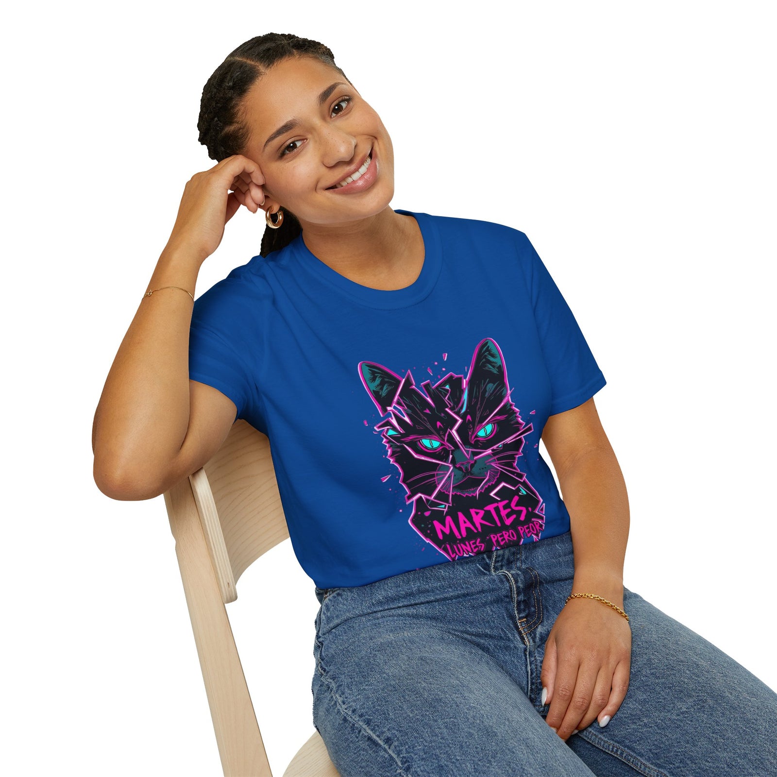Cat Graphic T-Shirt — Neon Retro "Martes" Design (Lunes Pero Puro)