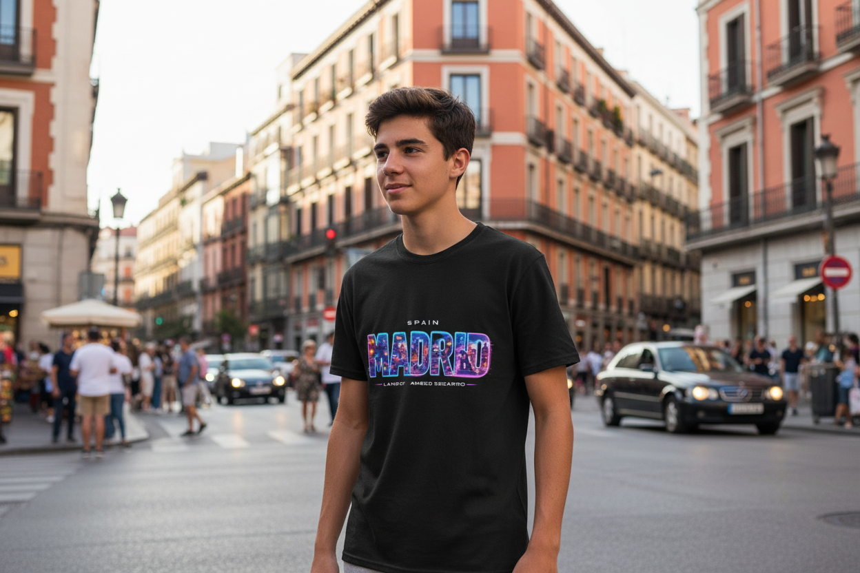 Camiseta Madrid Spain | Diseño Neón Urbano | Streetwear Español Premium Gatoloco