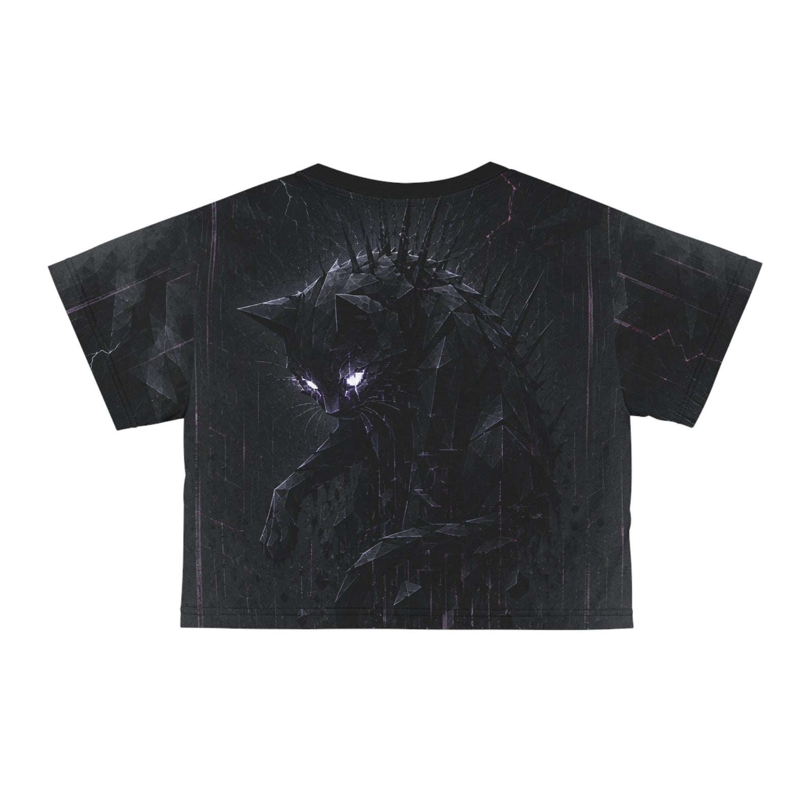 Neon Cosmic Cat Crop Tee — Glowing Eyes Galaxy Graphic Top