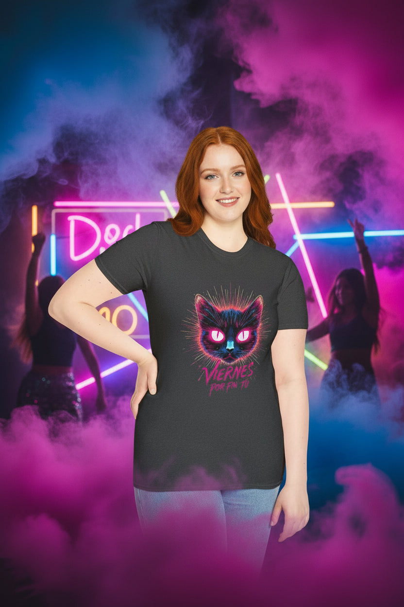Cat Tee — "Viernes Por Fin" Neon Cat Graphic T-Shirt