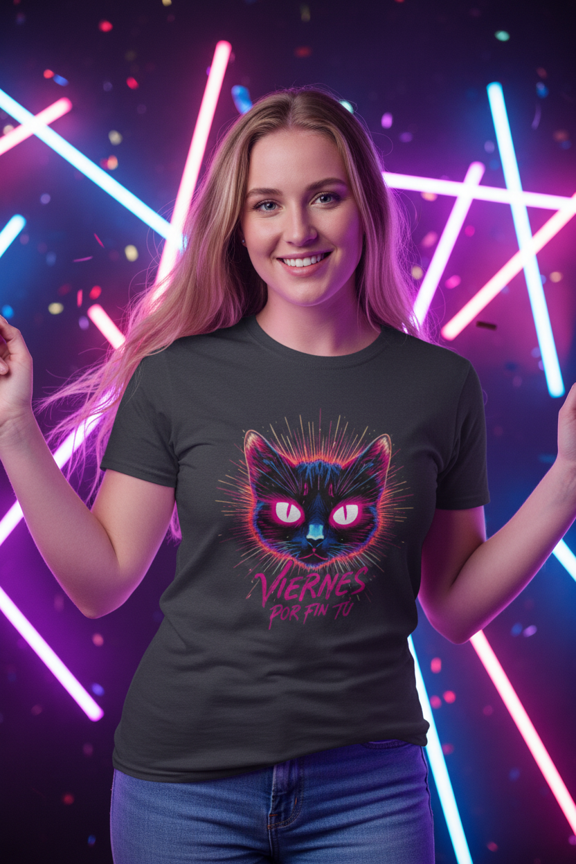 Cat Tee — "Viernes Por Fin" Neon Cat Graphic T-Shirt