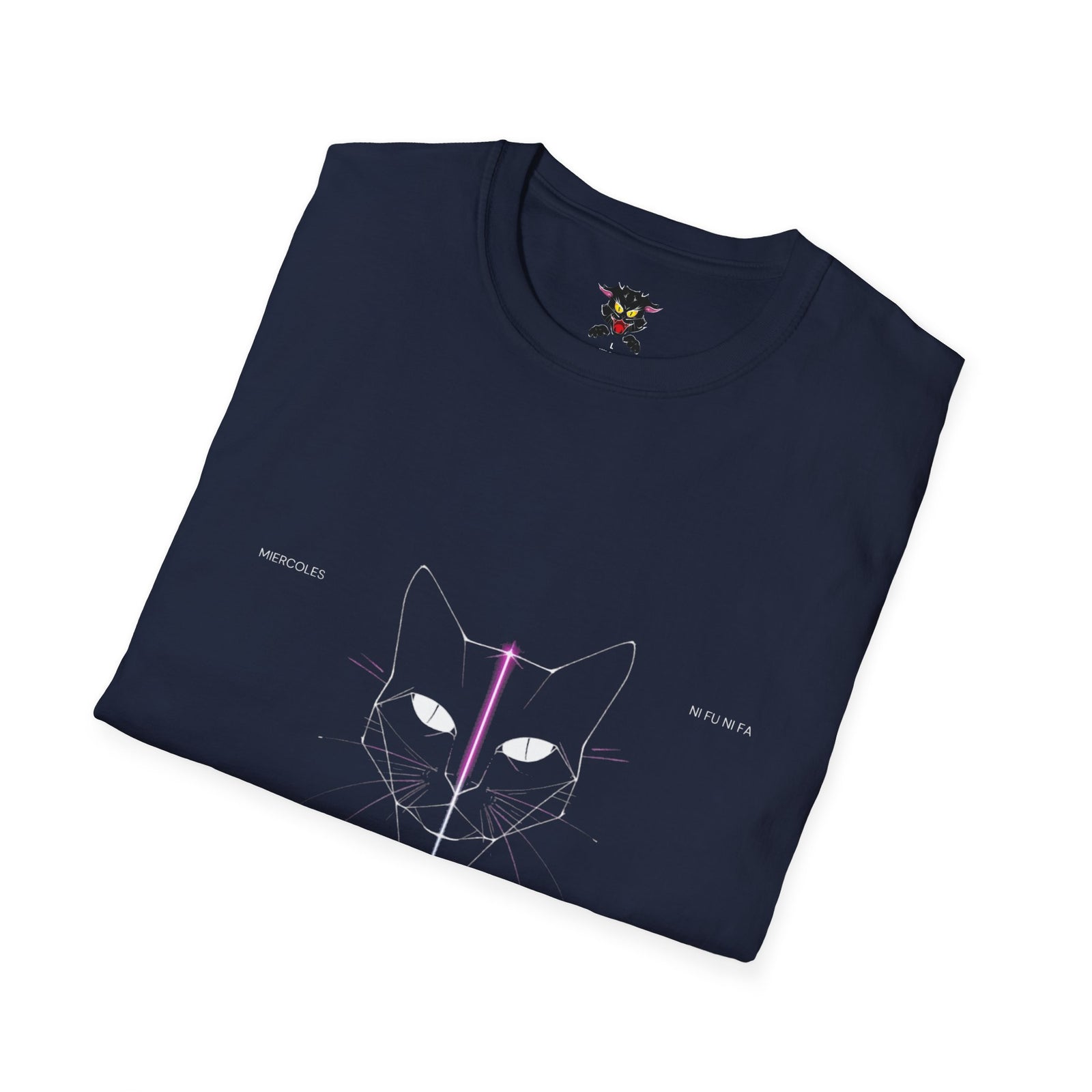Minimal Cyber Cat T-Shirt — Geometric Neon Cat Face Tee