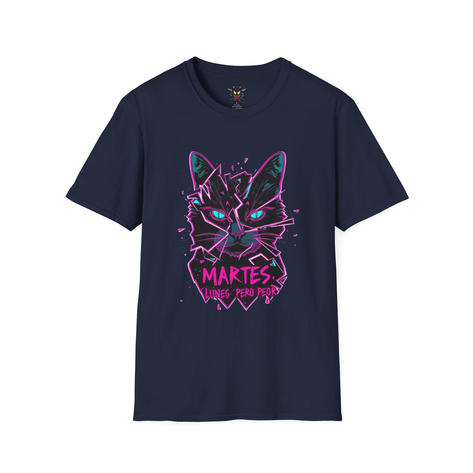 Cat Graphic T-Shirt — Neon Retro "Martes" Design (Lunes Pero Puro)