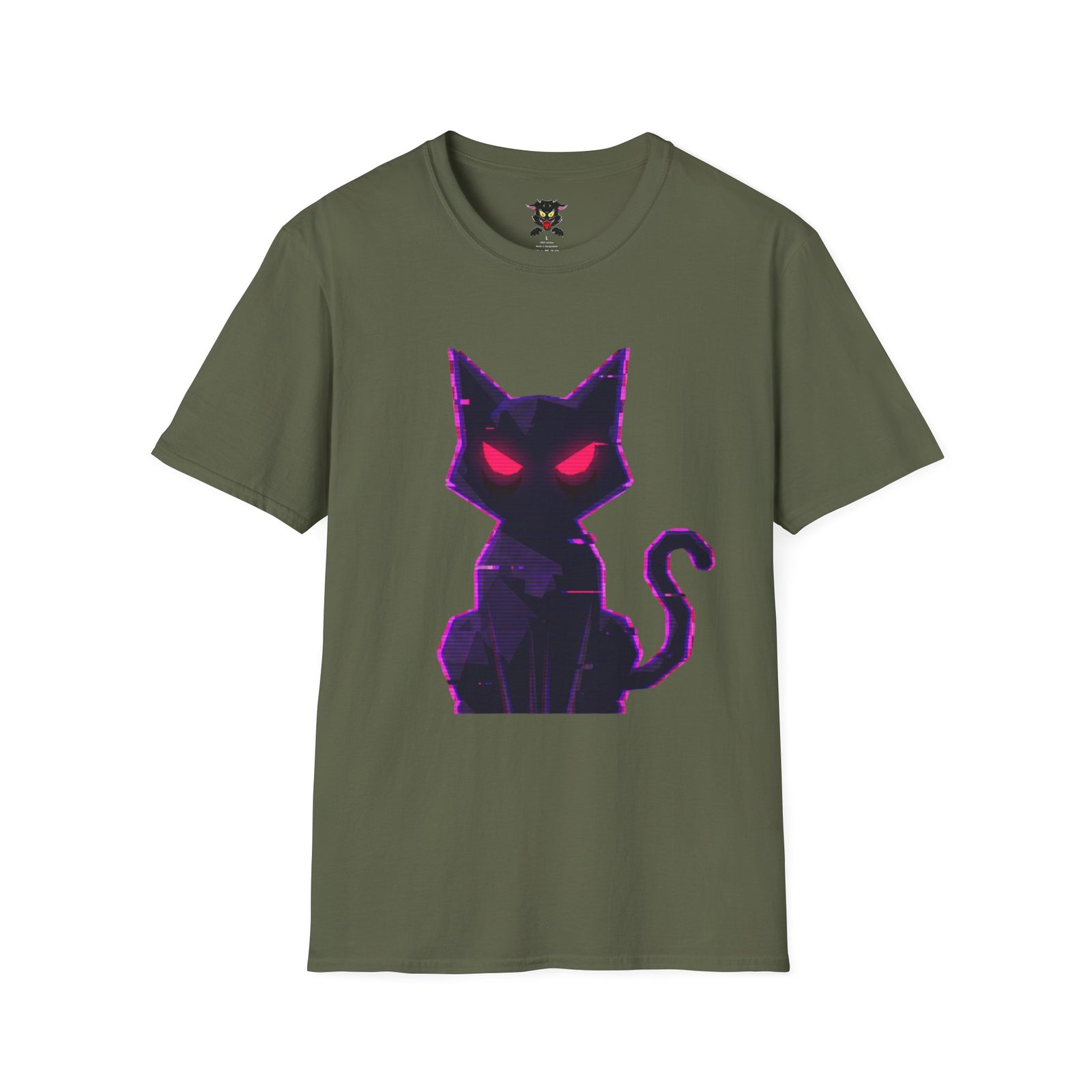 Camiseta verde militar gato bold lines ojos rojos Gatoloco