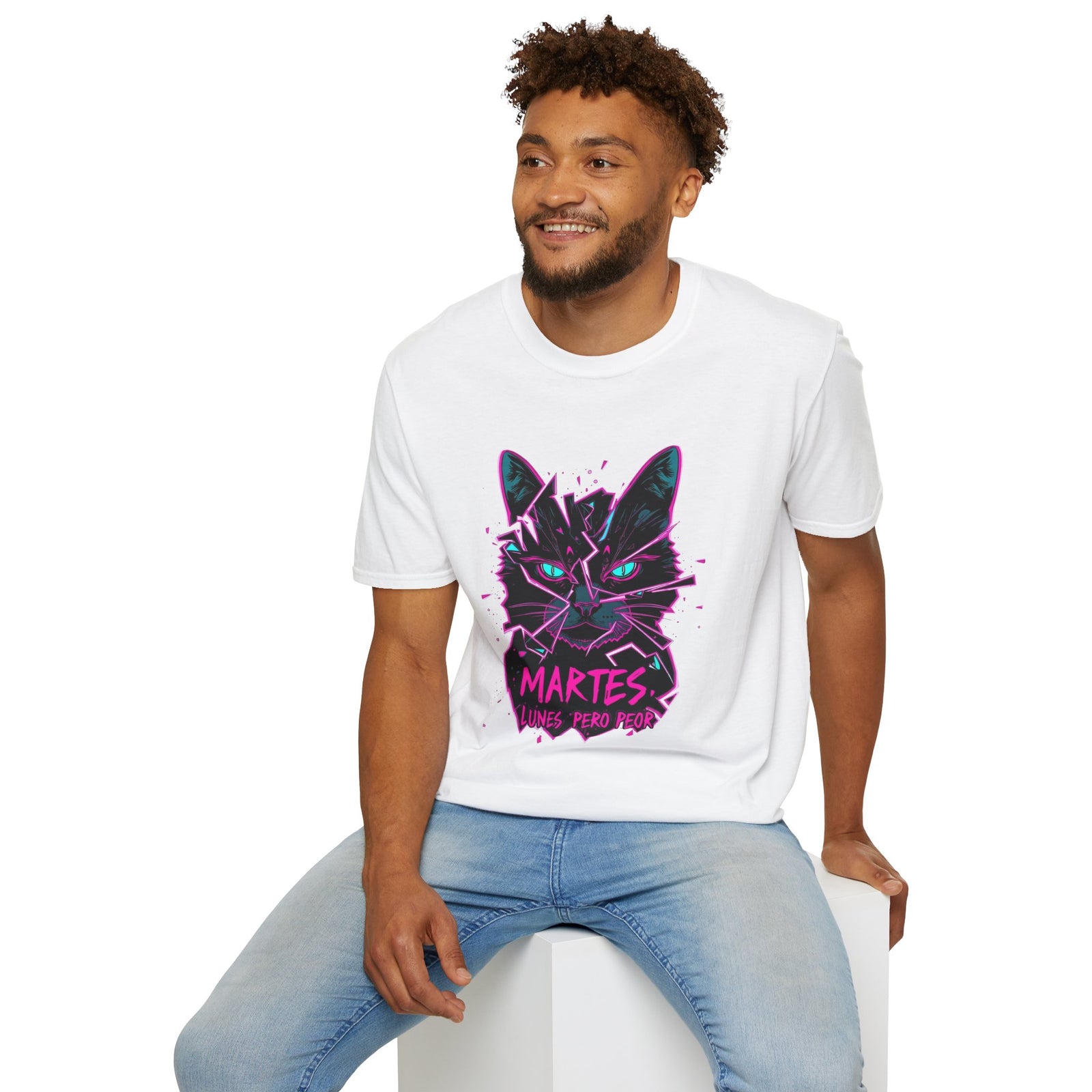Cat Graphic T-Shirt — Neon Retro "Martes" Design (Lunes Pero Puro)