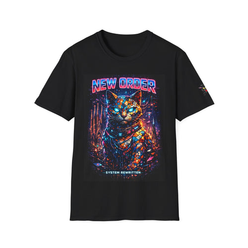 Camiseta negra gato cyberpunk New Order neón sci-fi Gatoloco