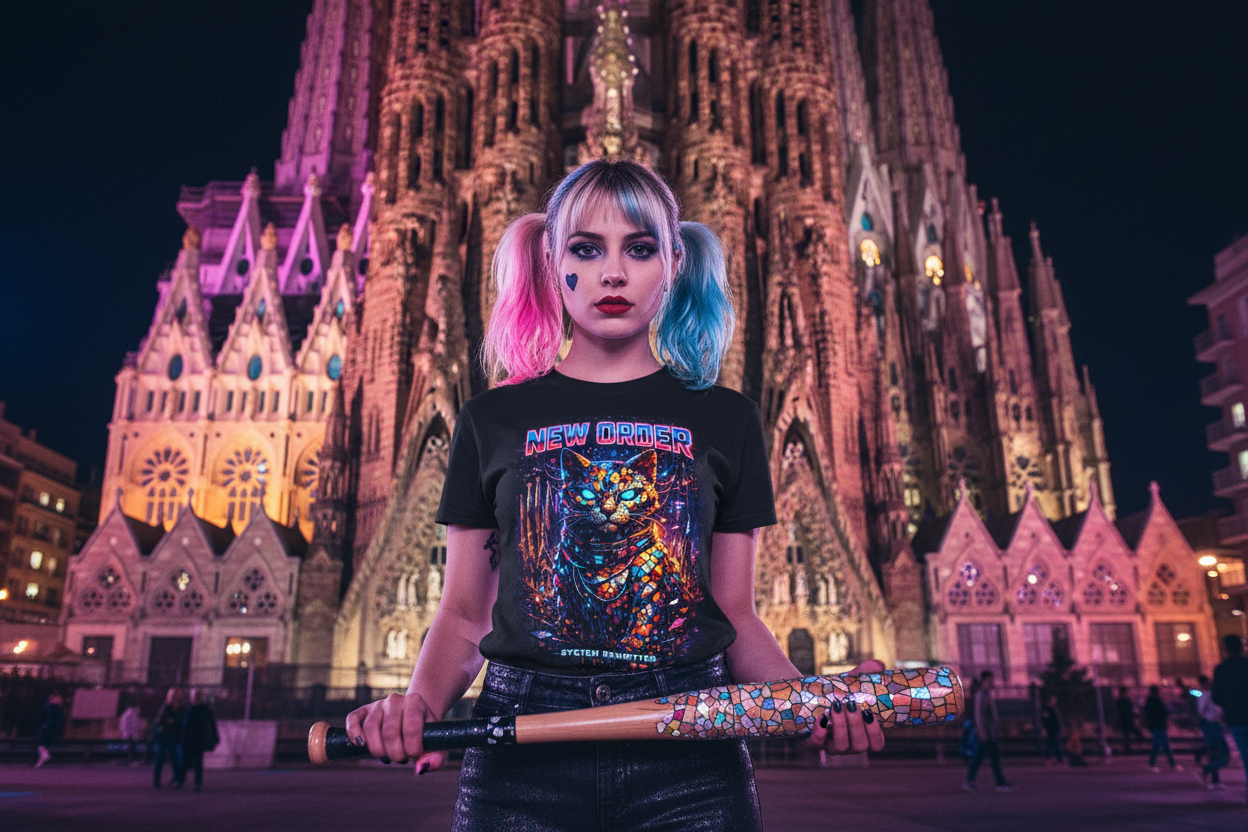 Camiseta Gato Cyberpunk New Order | Neón Sci-Fi Urbano | Streetwear Futurista Gatoloco