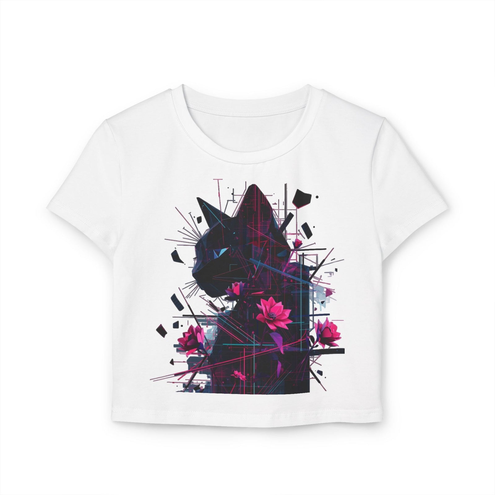 Neon Floral Cat Baby Tee — Women's Graphic Crop Top