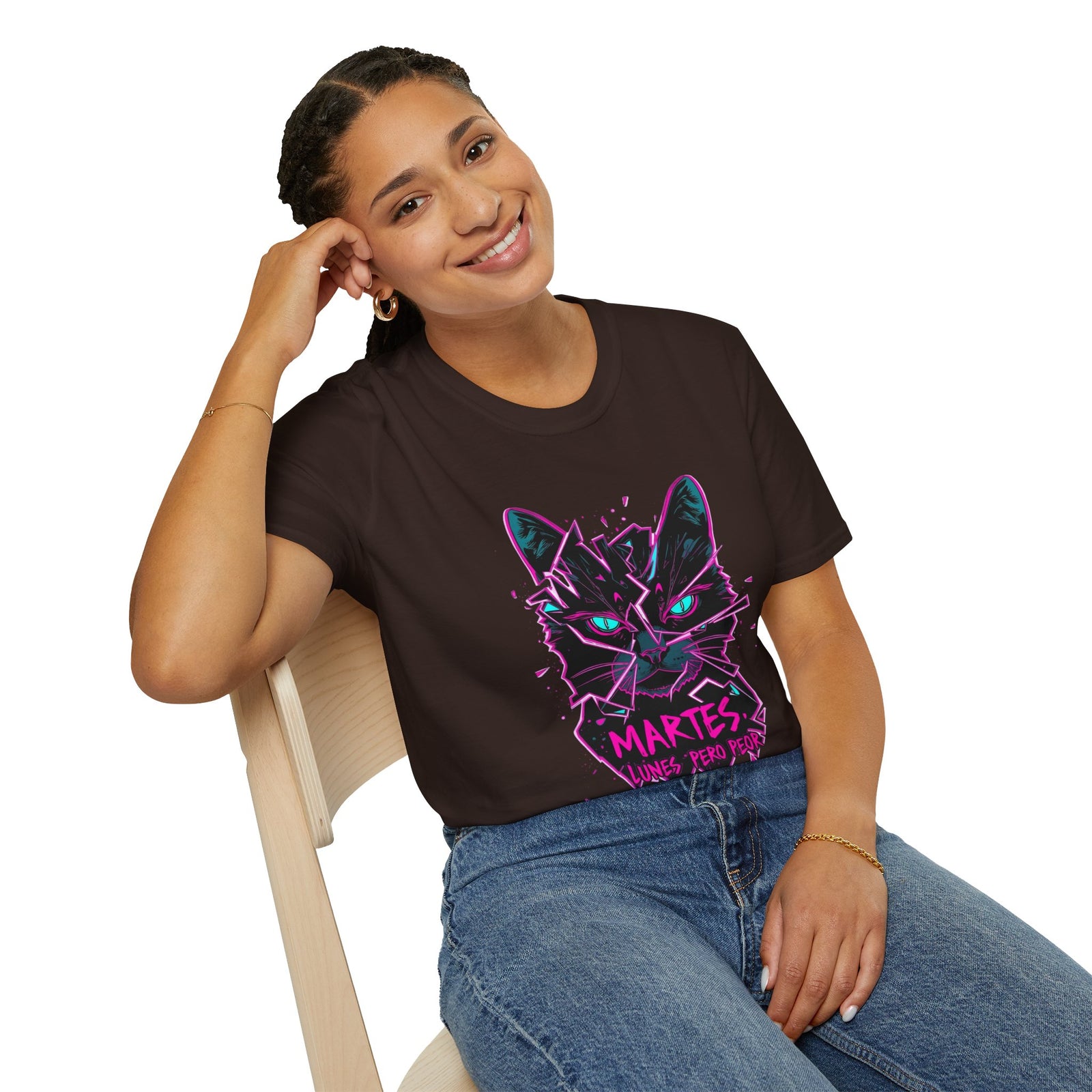 Cat Graphic T-Shirt — Neon Retro "Martes" Design (Lunes Pero Puro)