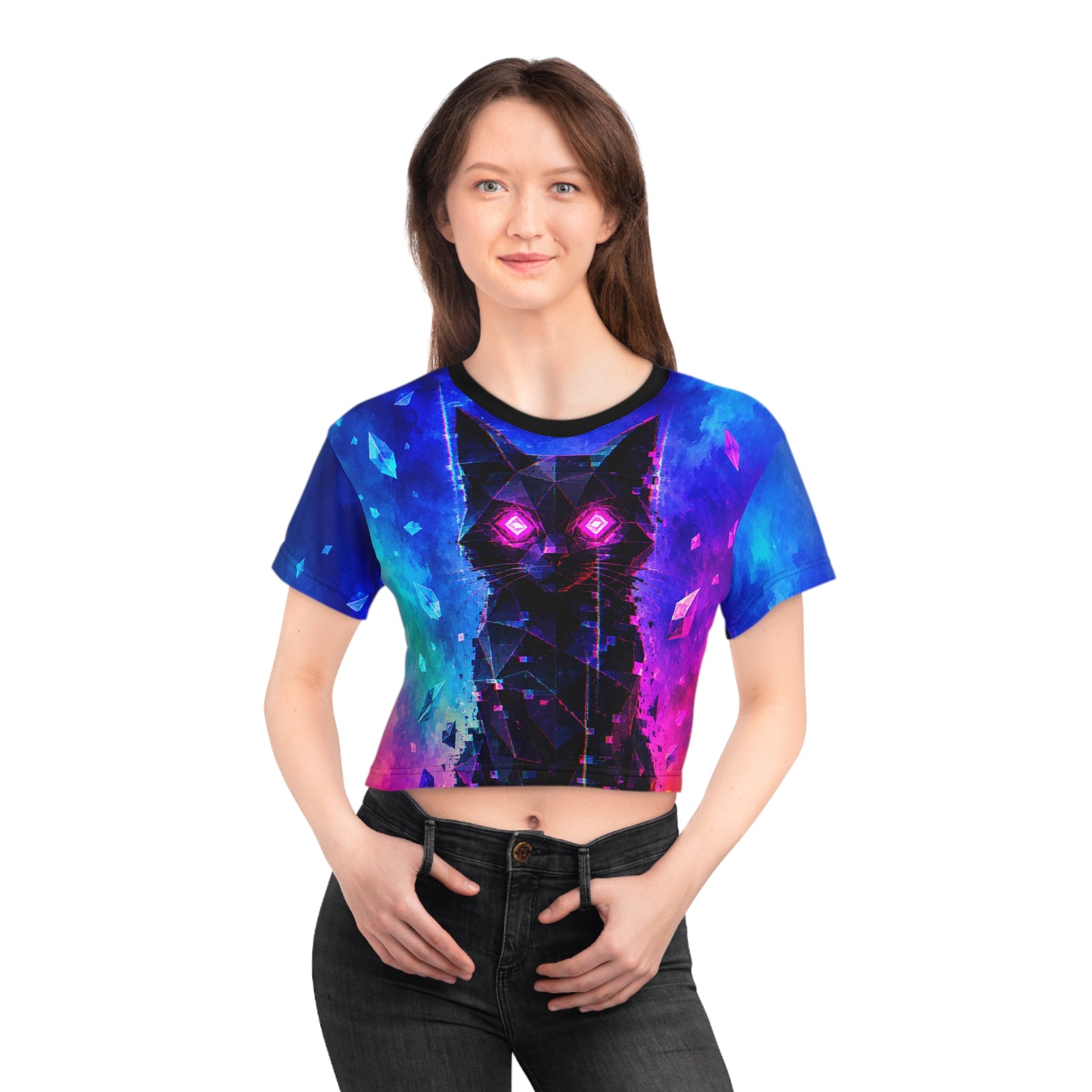 Neon Cosmic Cat Crop Tee — Glowing Eyes Galaxy Graphic Top