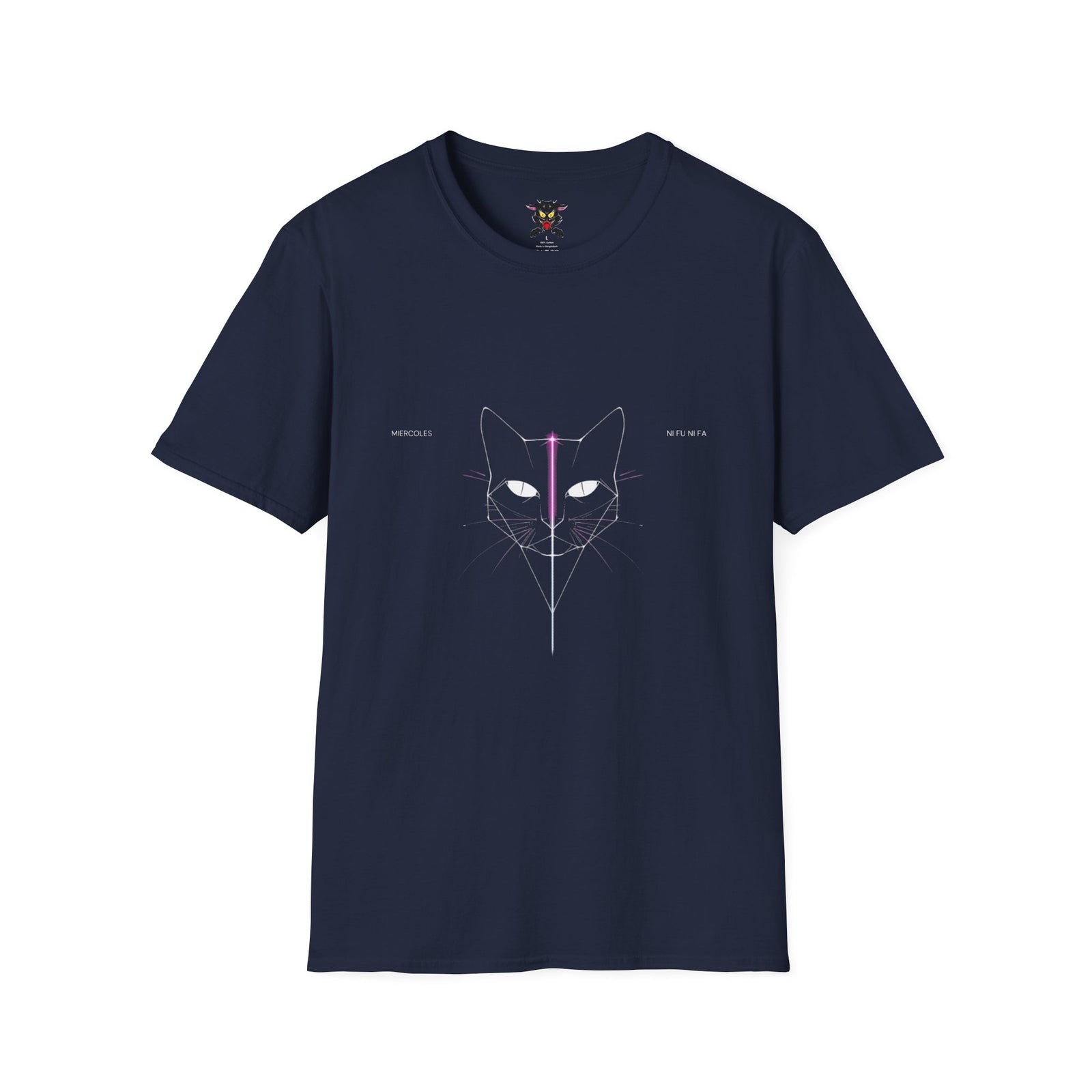 Minimal Cyber Cat T-Shirt — Geometric Neon Cat Face Tee