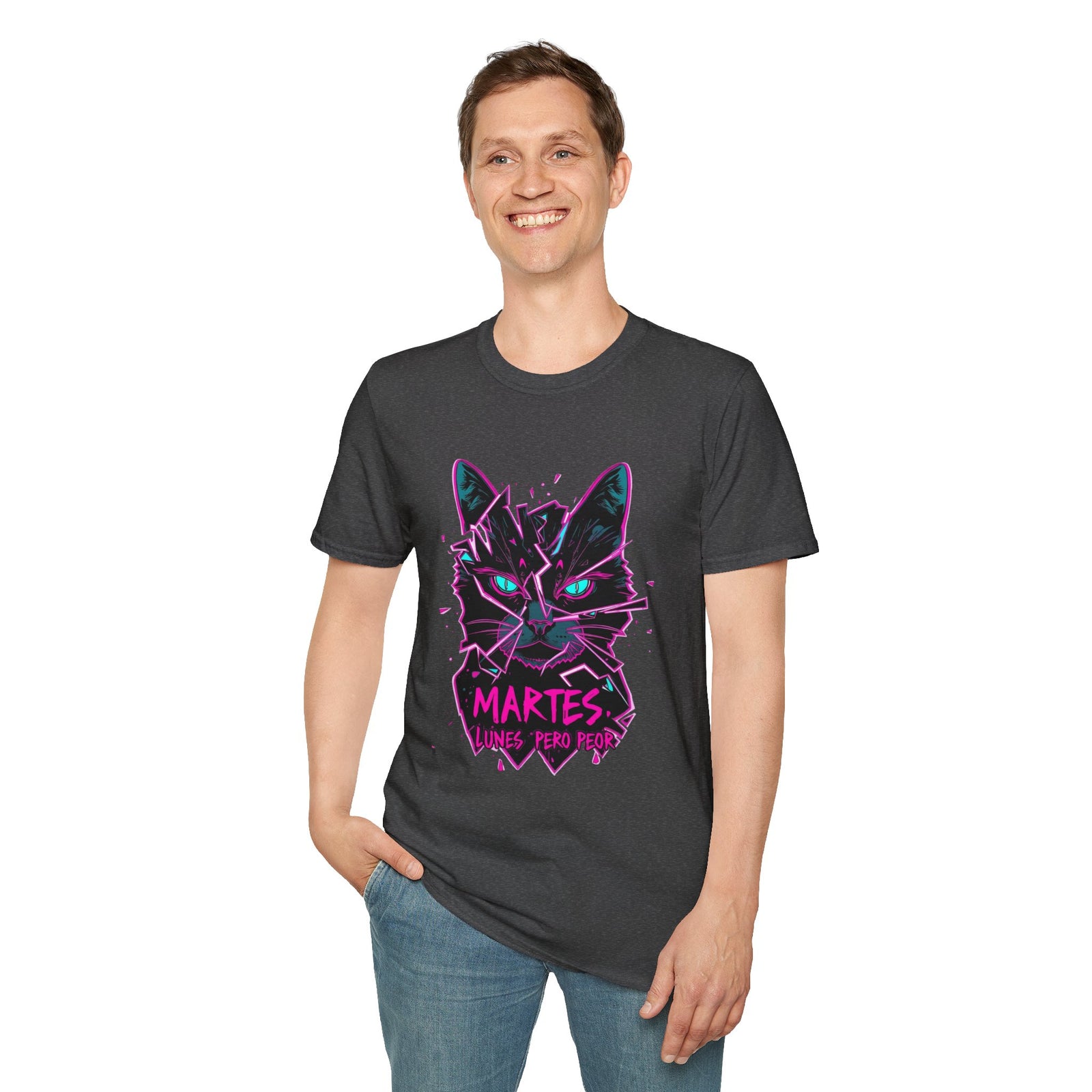 Cat Graphic T-Shirt — Neon Retro "Martes" Design (Lunes Pero Puro)