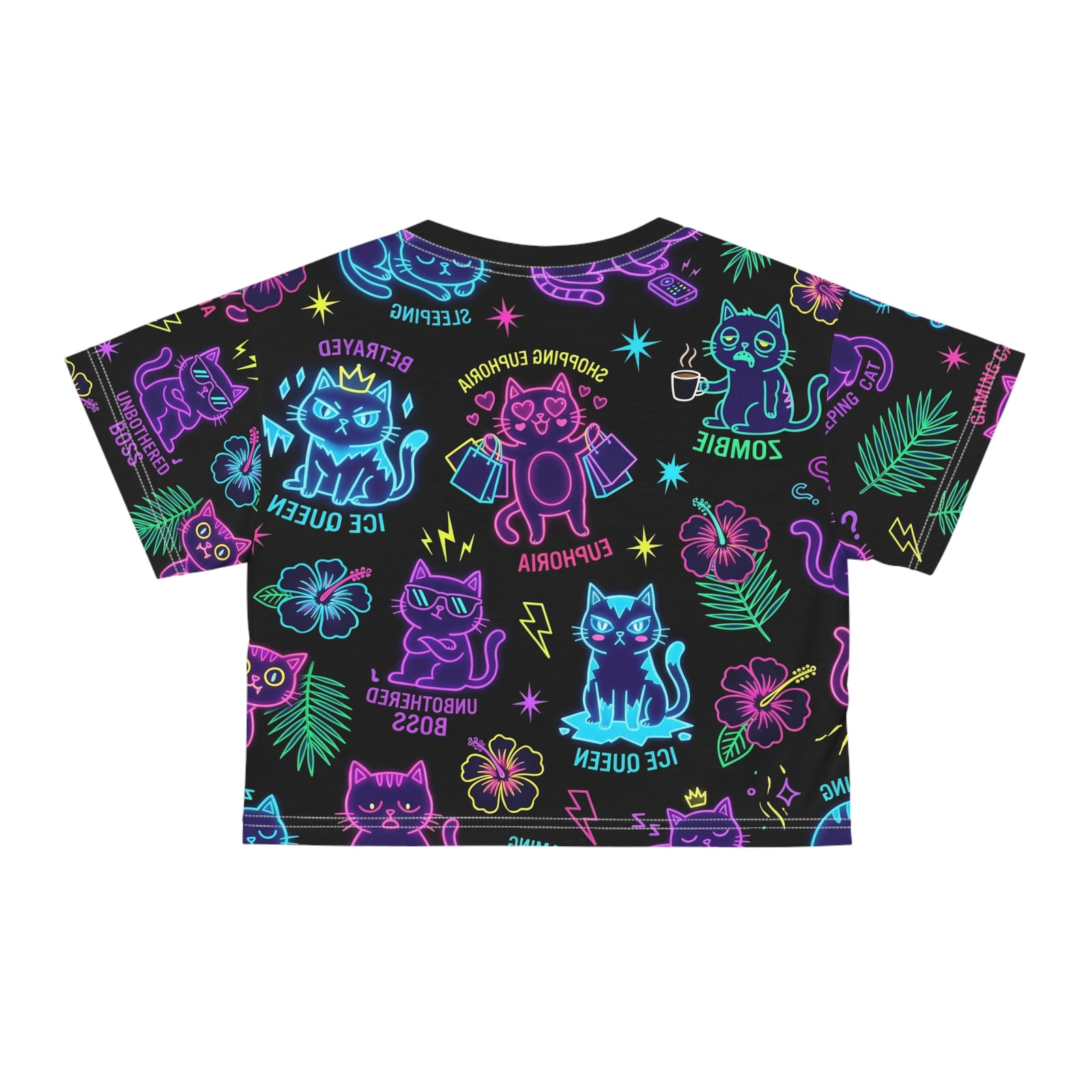 Neon Cat Pattern Crop Tee — 'Ice Queen' & 'Euphoria' Aesthetic