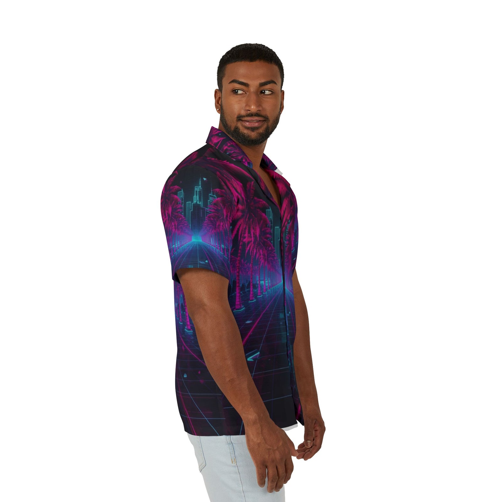 Retro Neon Palm Hawaiian Shirt — Vaporwave Aesthetic Camp Shirt