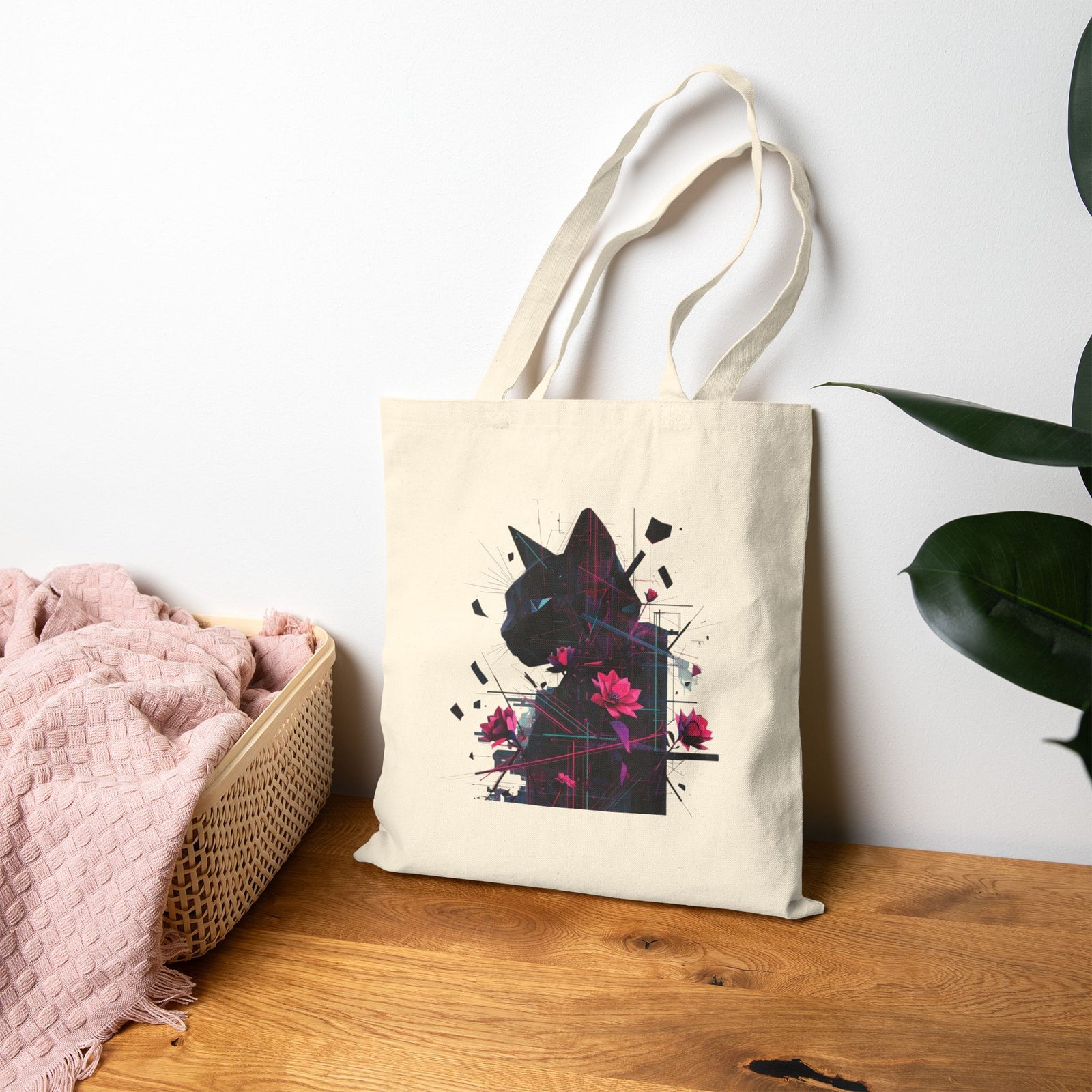 Floral Cat Silhouette Tote Bag — Canvas Animal Art Shopper