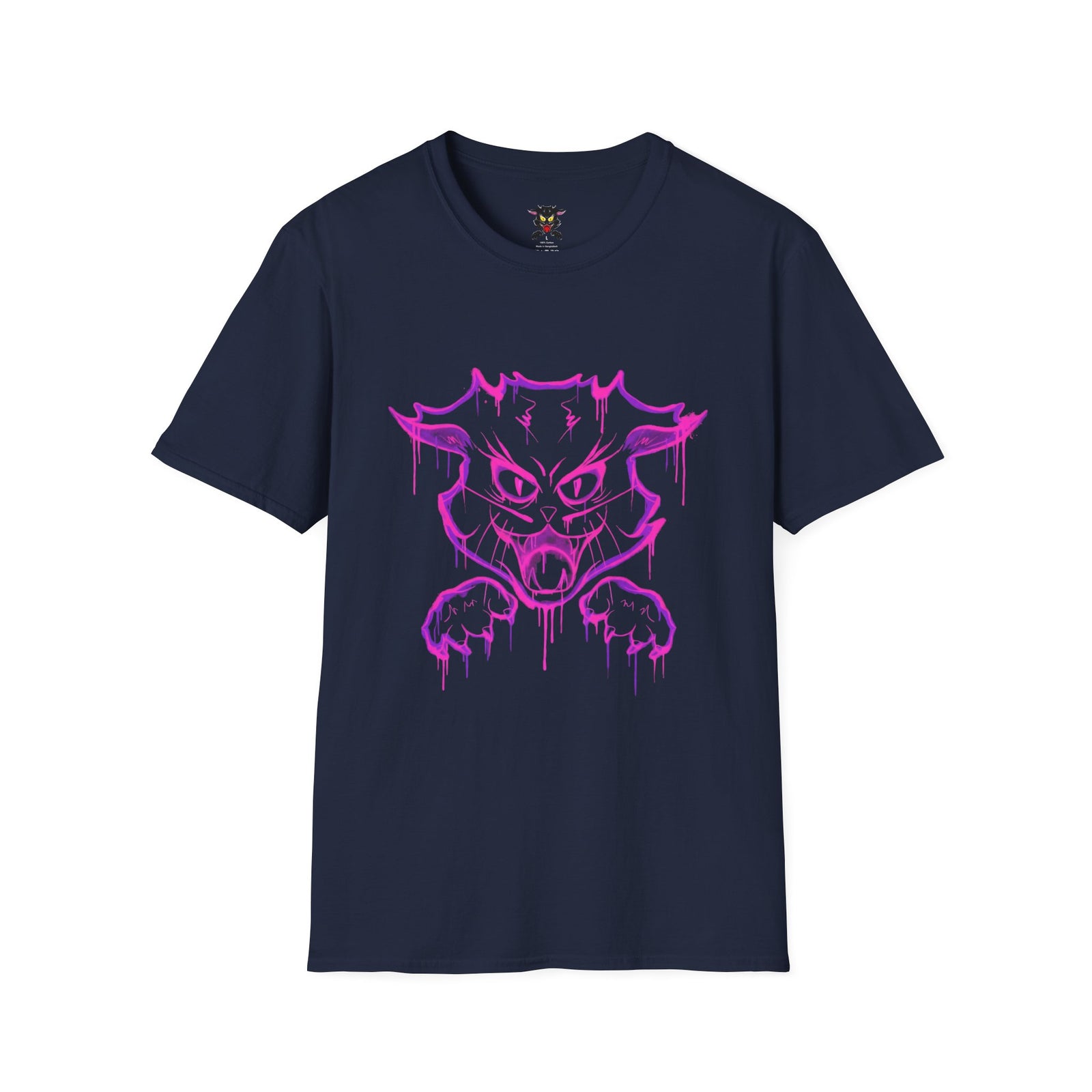 Camiseta unisex softstyle azul marino con gráfico gato Gatoloco