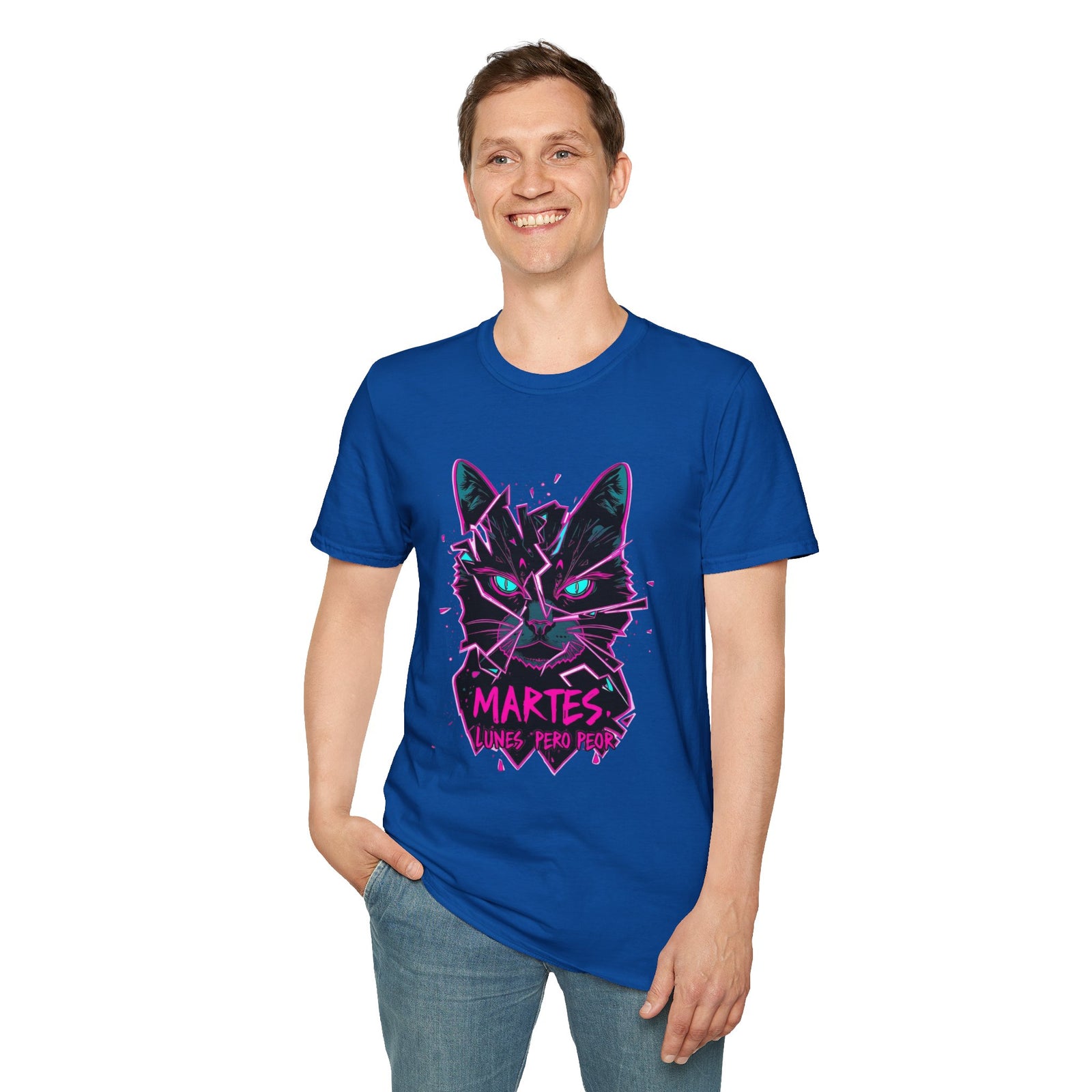 Cat Graphic T-Shirt — Neon Retro "Martes" Design (Lunes Pero Puro)