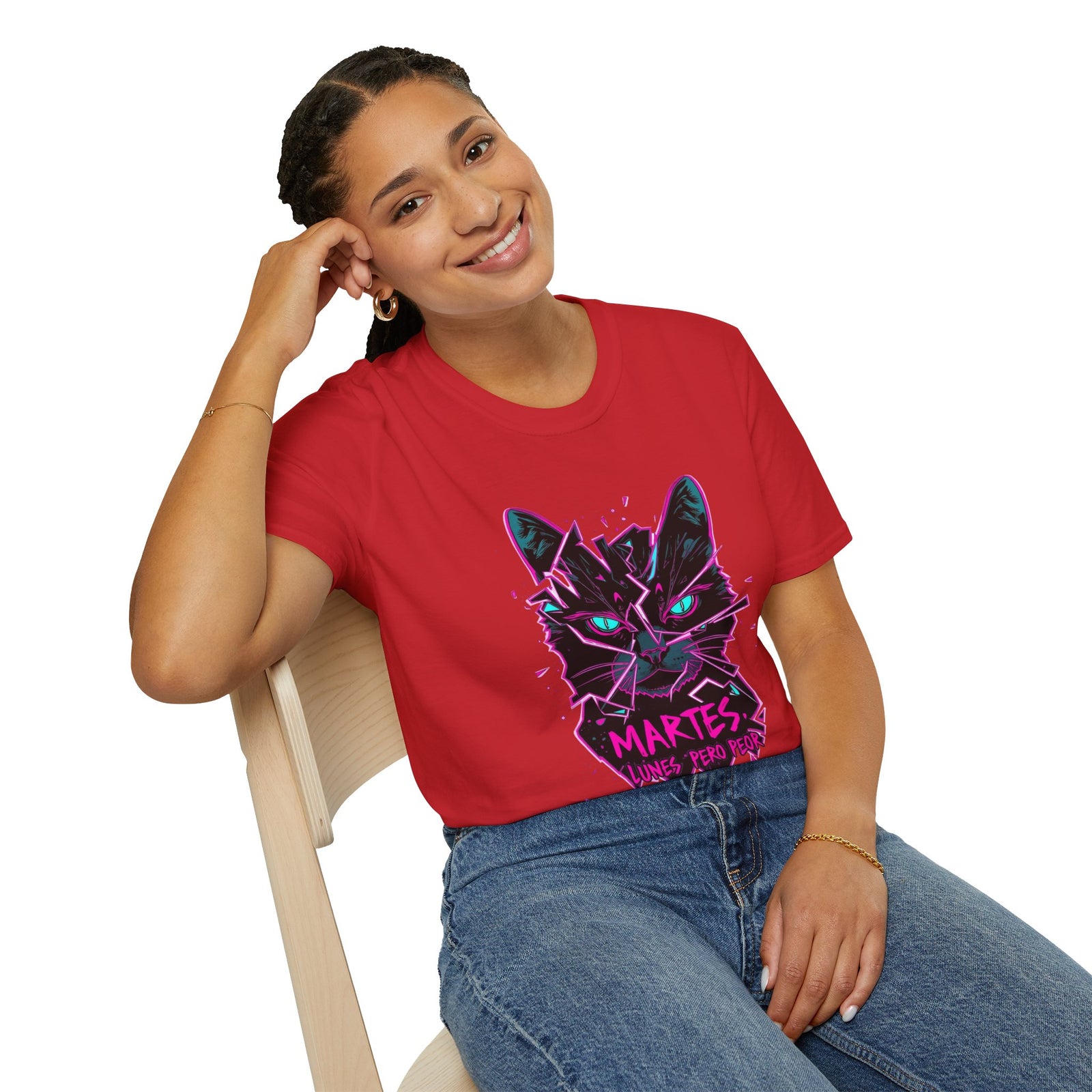 Cat Graphic T-Shirt — Neon Retro "Martes" Design (Lunes Pero Puro)