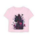 Neon Floral Cat Baby Tee — Women's Graphic Crop Top