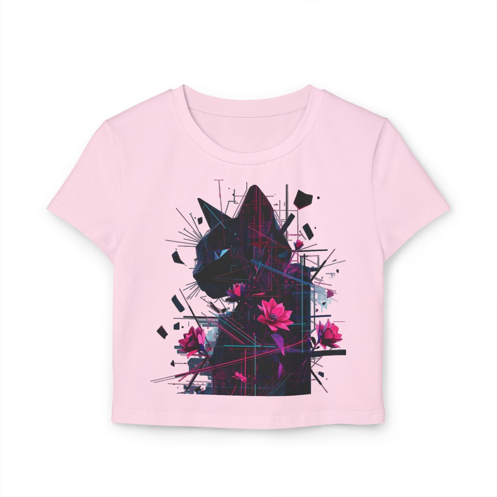 Neon Floral Cat Baby Tee — Women's Graphic Crop Top