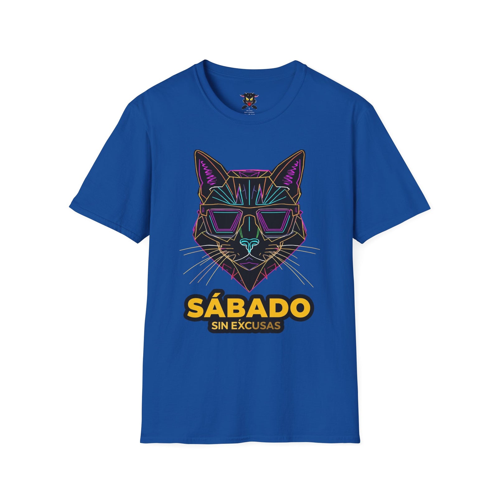 Sábado Sin Excusas Cat T-Shirt — Retro Neon Cat with Sunglasses