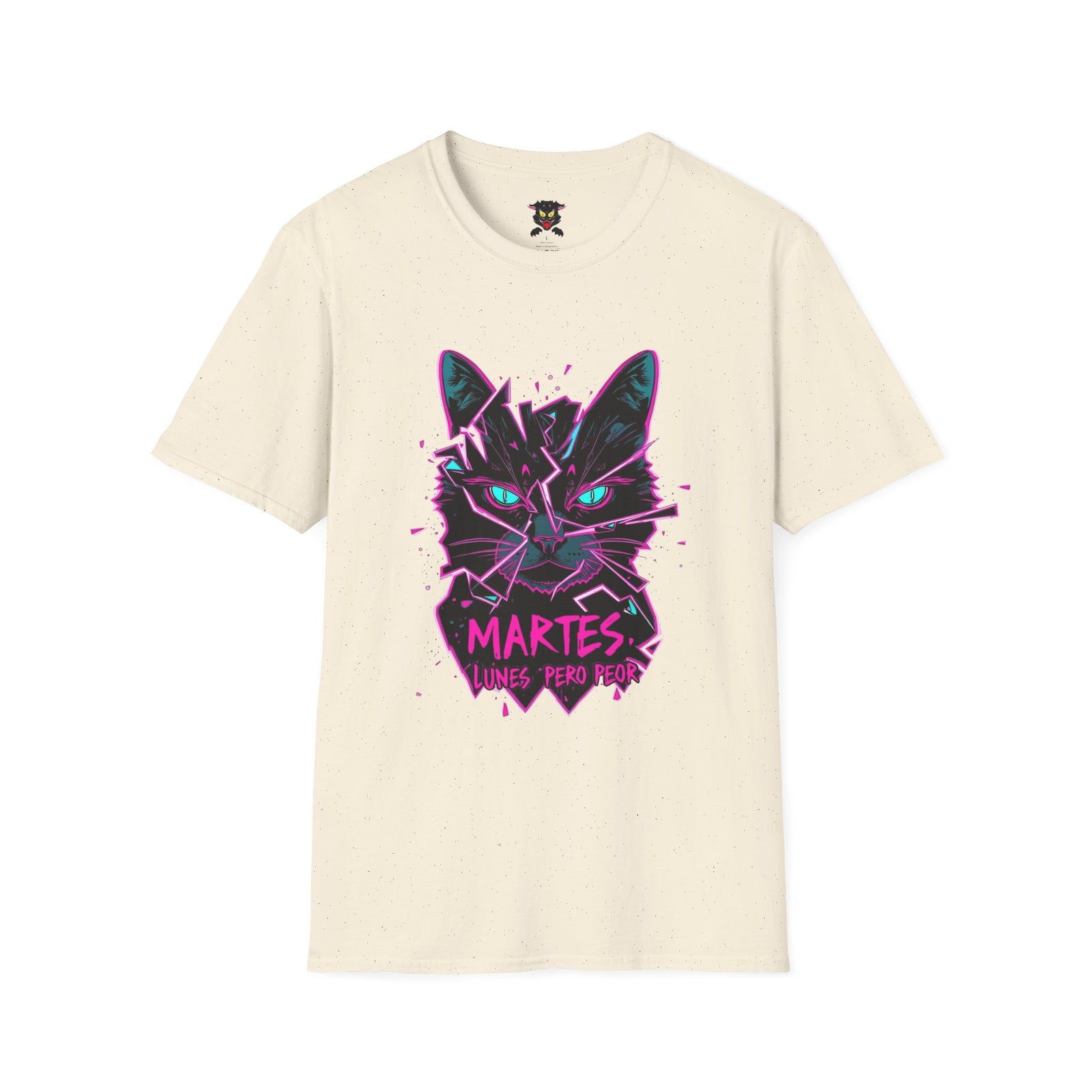Cat Graphic T-Shirt — Neon Retro "Martes" Design (Lunes Pero Puro)