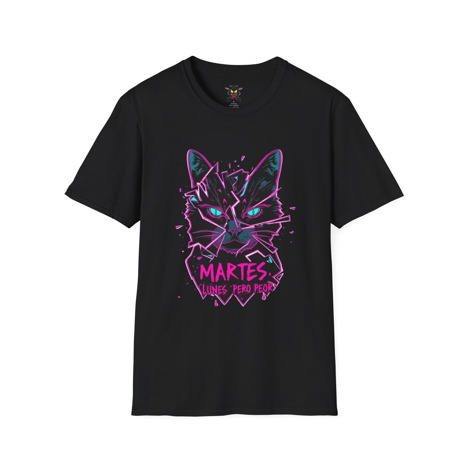 Cat Graphic T-Shirt — Neon Retro "Martes" Design (Lunes Pero Puro)