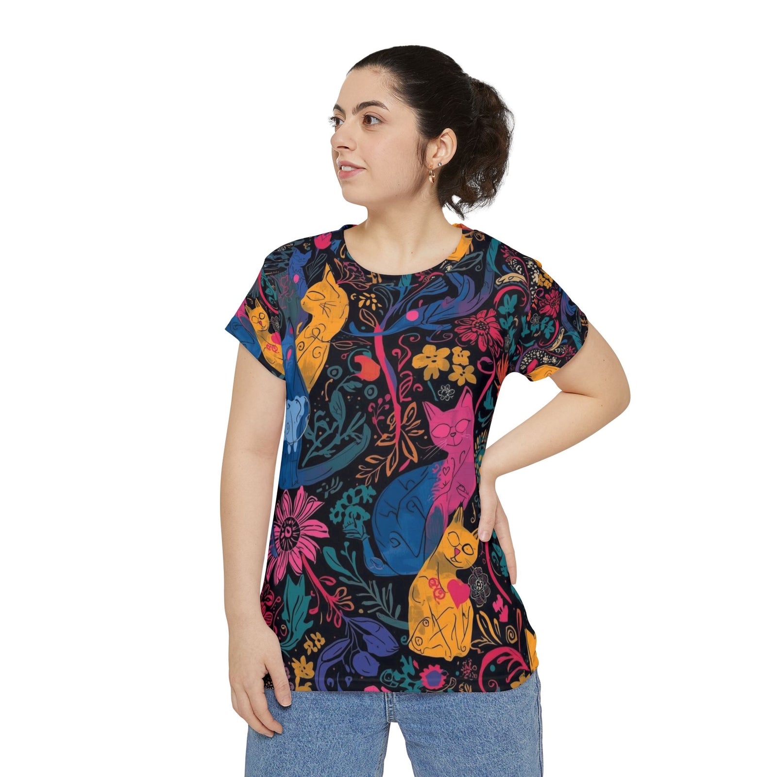 Women's Cat Floral Tee — Colorful Boho Cats All-Over Print Shirt