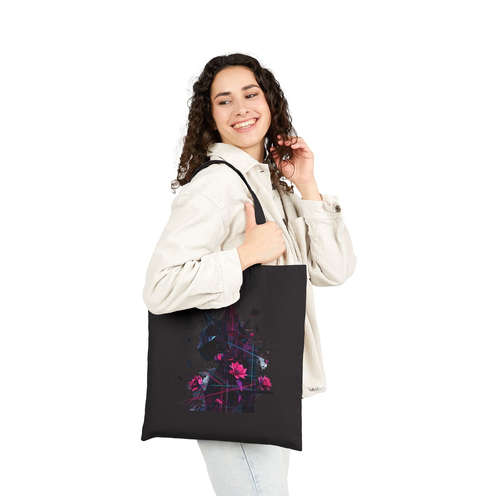 Floral Cat Silhouette Tote Bag — Canvas Animal Art Shopper