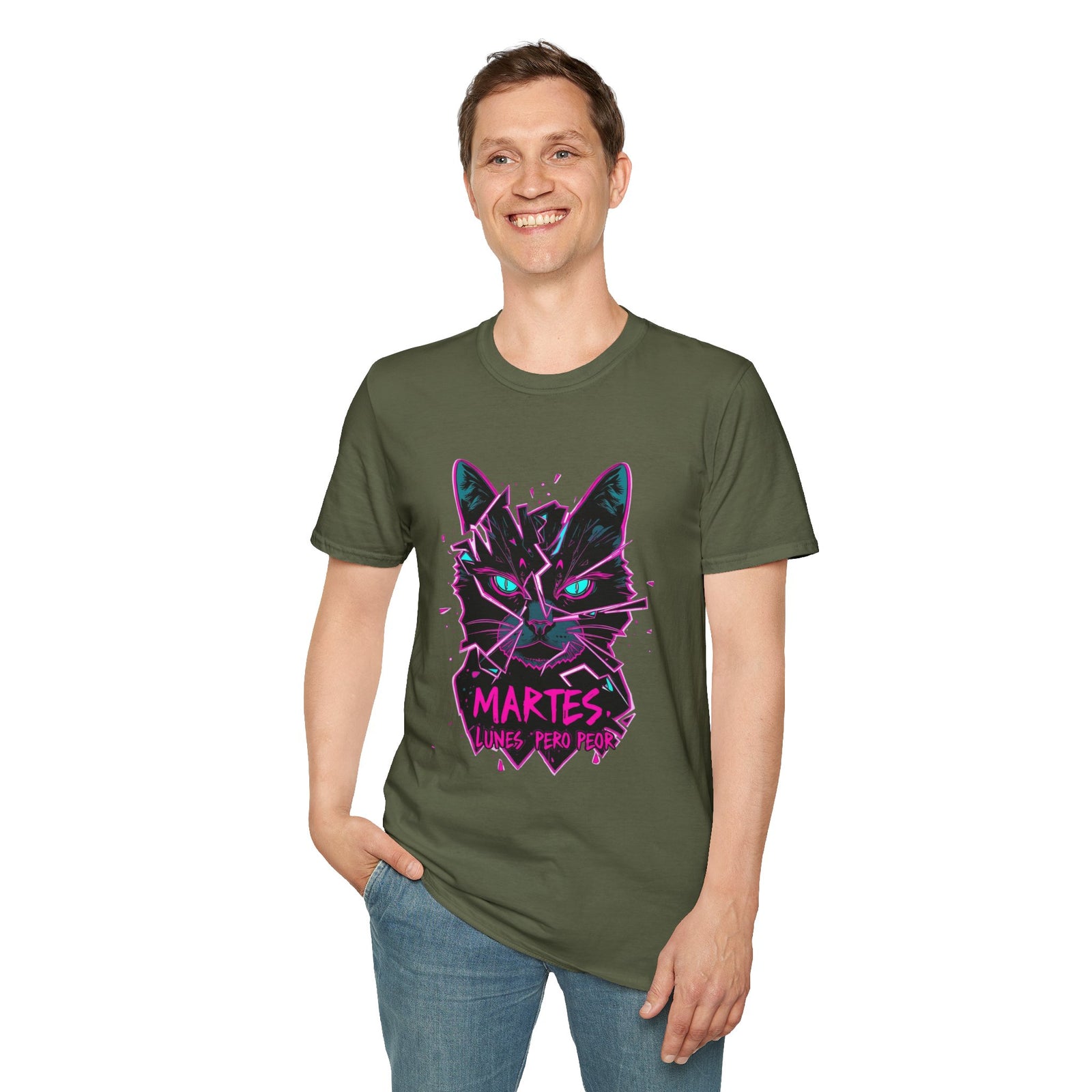 Cat Graphic T-Shirt — Neon Retro "Martes" Design (Lunes Pero Puro)