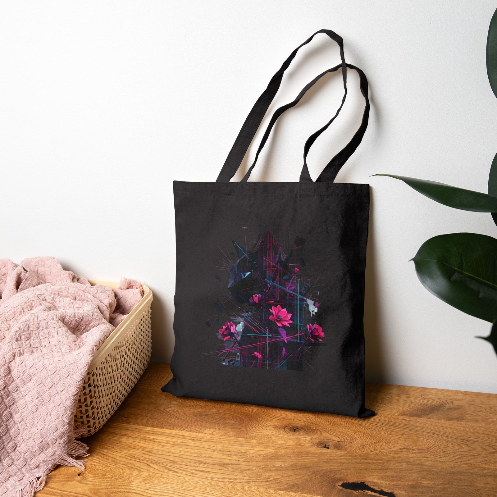 Floral Cat Silhouette Tote Bag — Canvas Animal Art Shopper