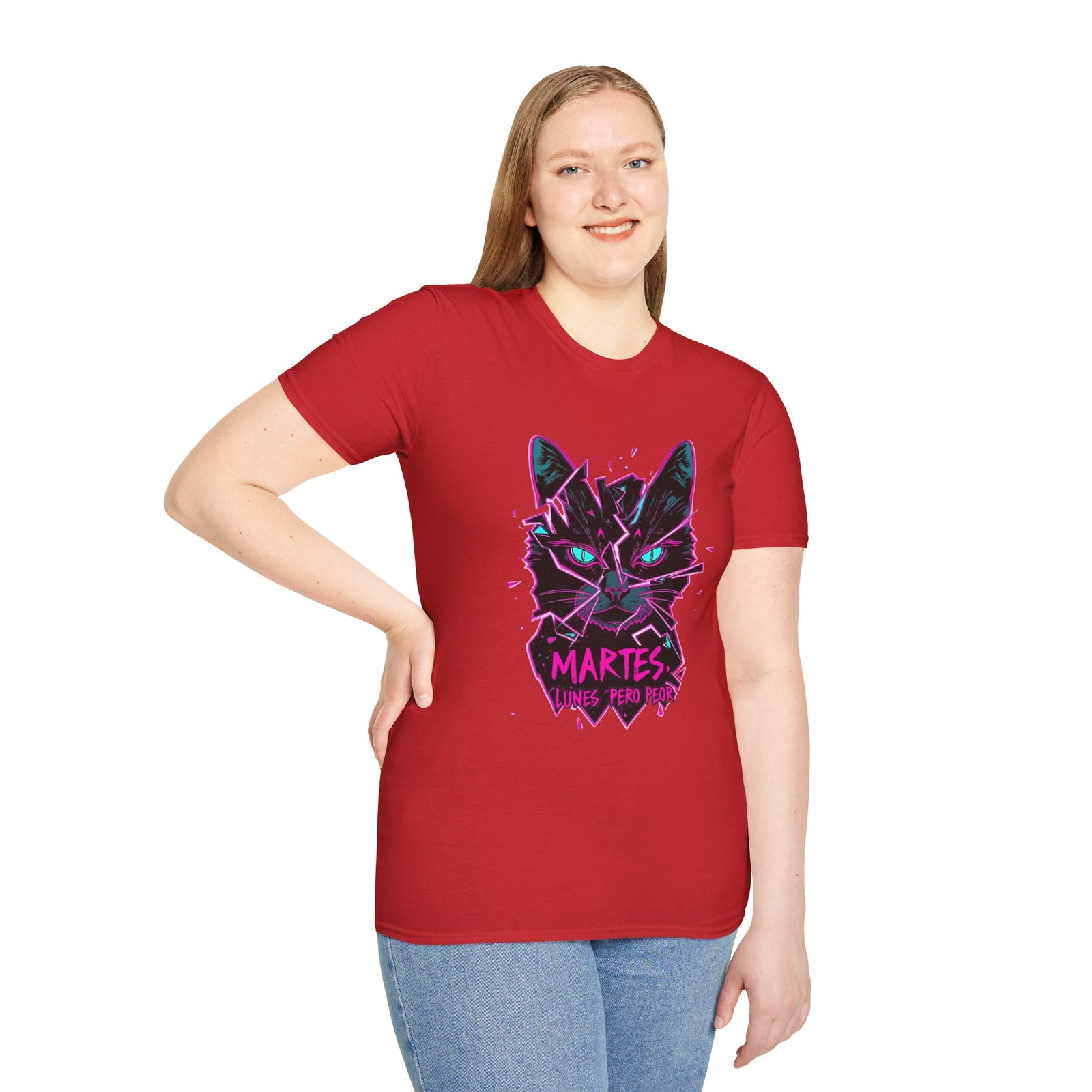 Cat Graphic T-Shirt — Neon Retro "Martes" Design (Lunes Pero Puro)