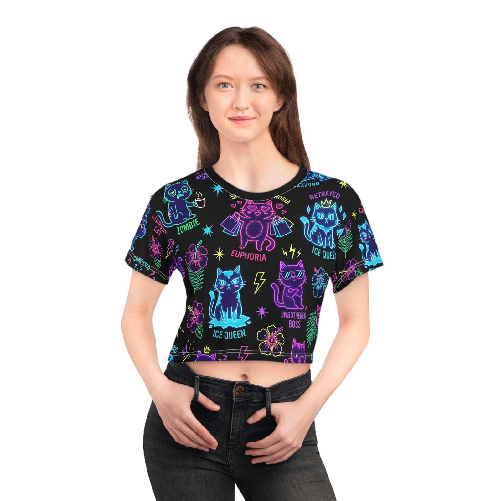 Neon Cat Pattern Crop Tee — 'Ice Queen' & 'Euphoria' Aesthetic