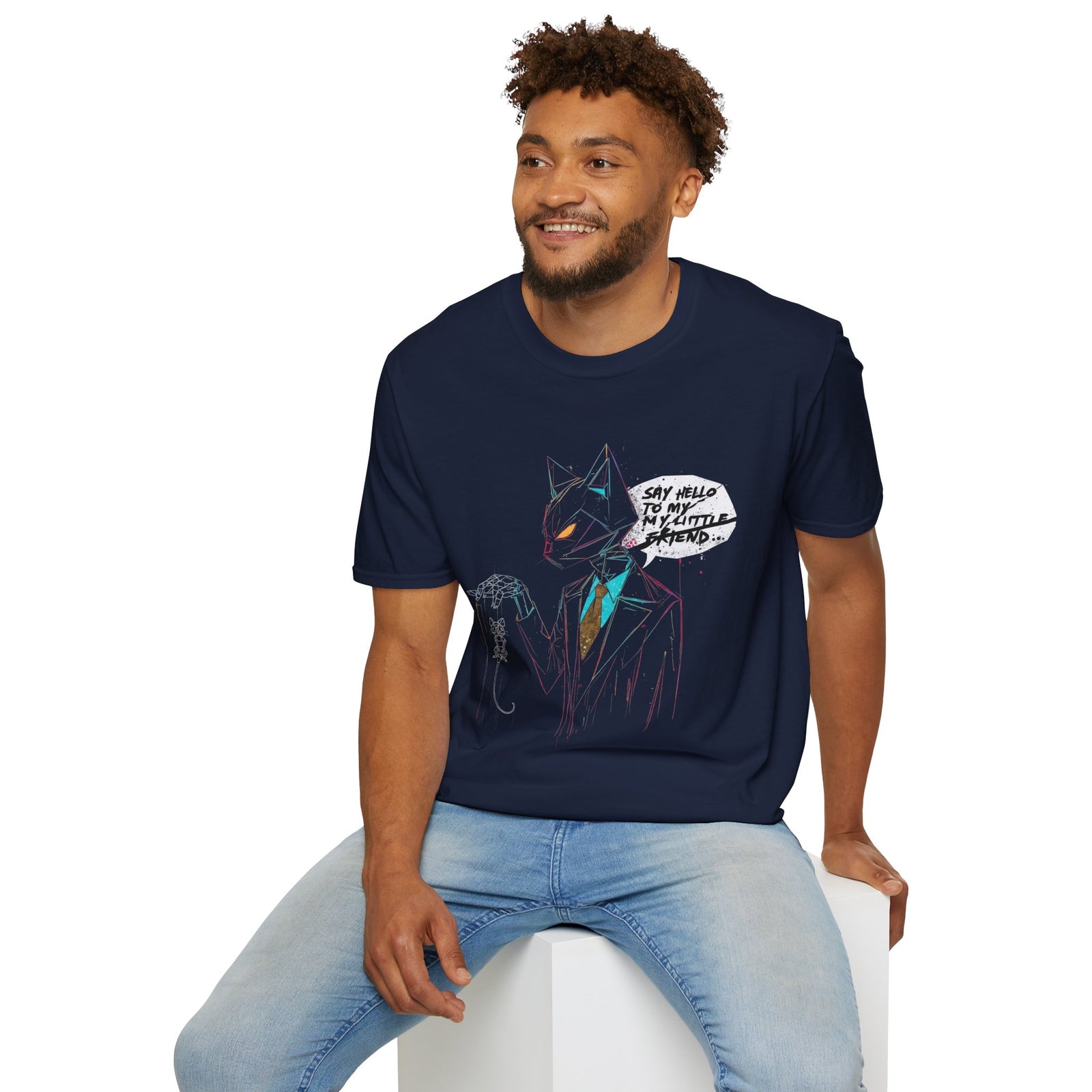 T-Shirt — "Say Hello to My Little Friend" Neon Sketch
