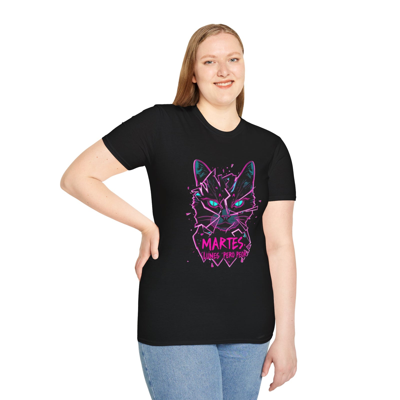Cat Graphic T-Shirt — Neon Retro "Martes" Design (Lunes Pero Puro)