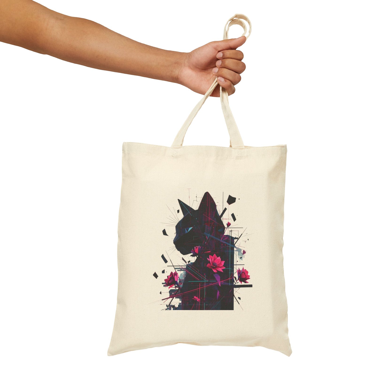Floral Cat Silhouette Tote Bag — Canvas Animal Art Shopper