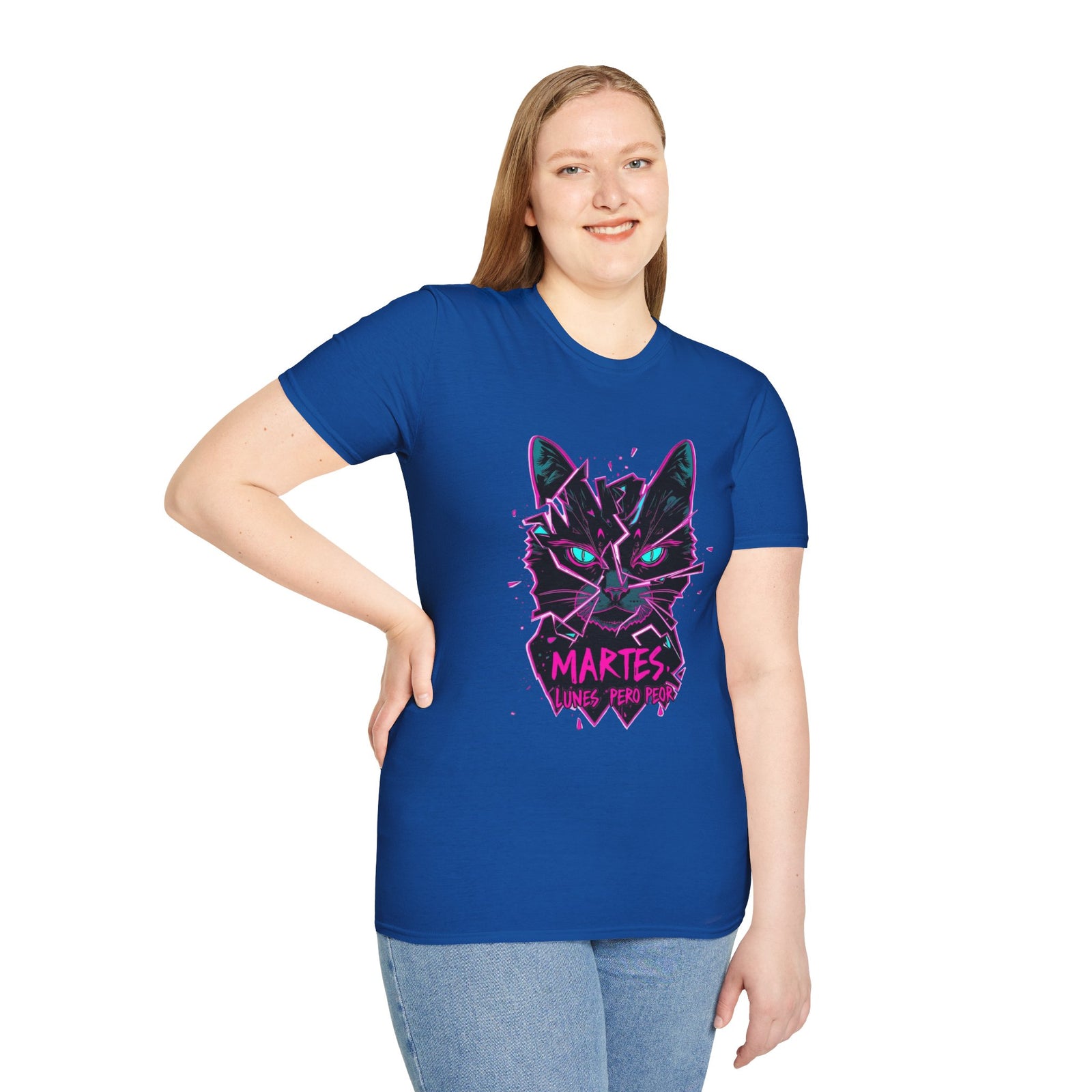 Cat Graphic T-Shirt — Neon Retro "Martes" Design (Lunes Pero Puro)