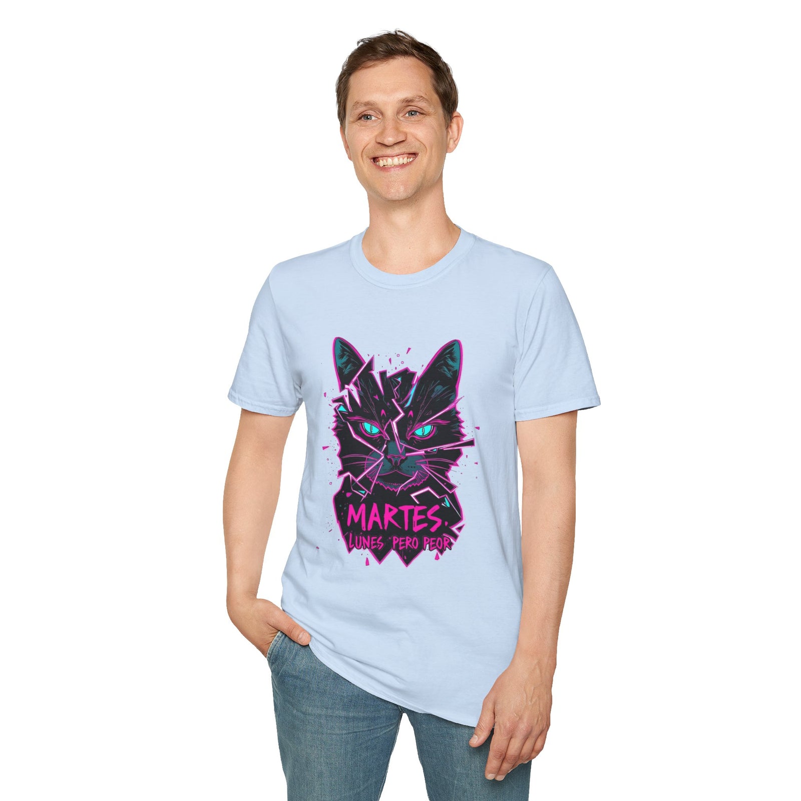Cat Graphic T-Shirt — Neon Retro "Martes" Design (Lunes Pero Puro)