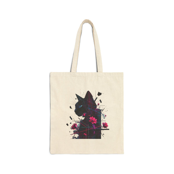 Floral Cat Silhouette Tote Bag — Canvas Animal Art Shopper