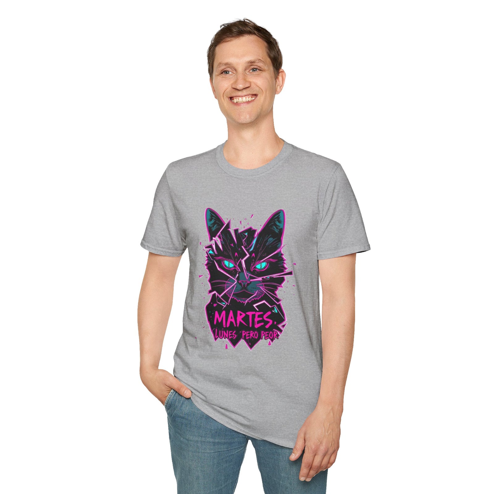 Cat Graphic T-Shirt — Neon Retro "Martes" Design (Lunes Pero Puro)