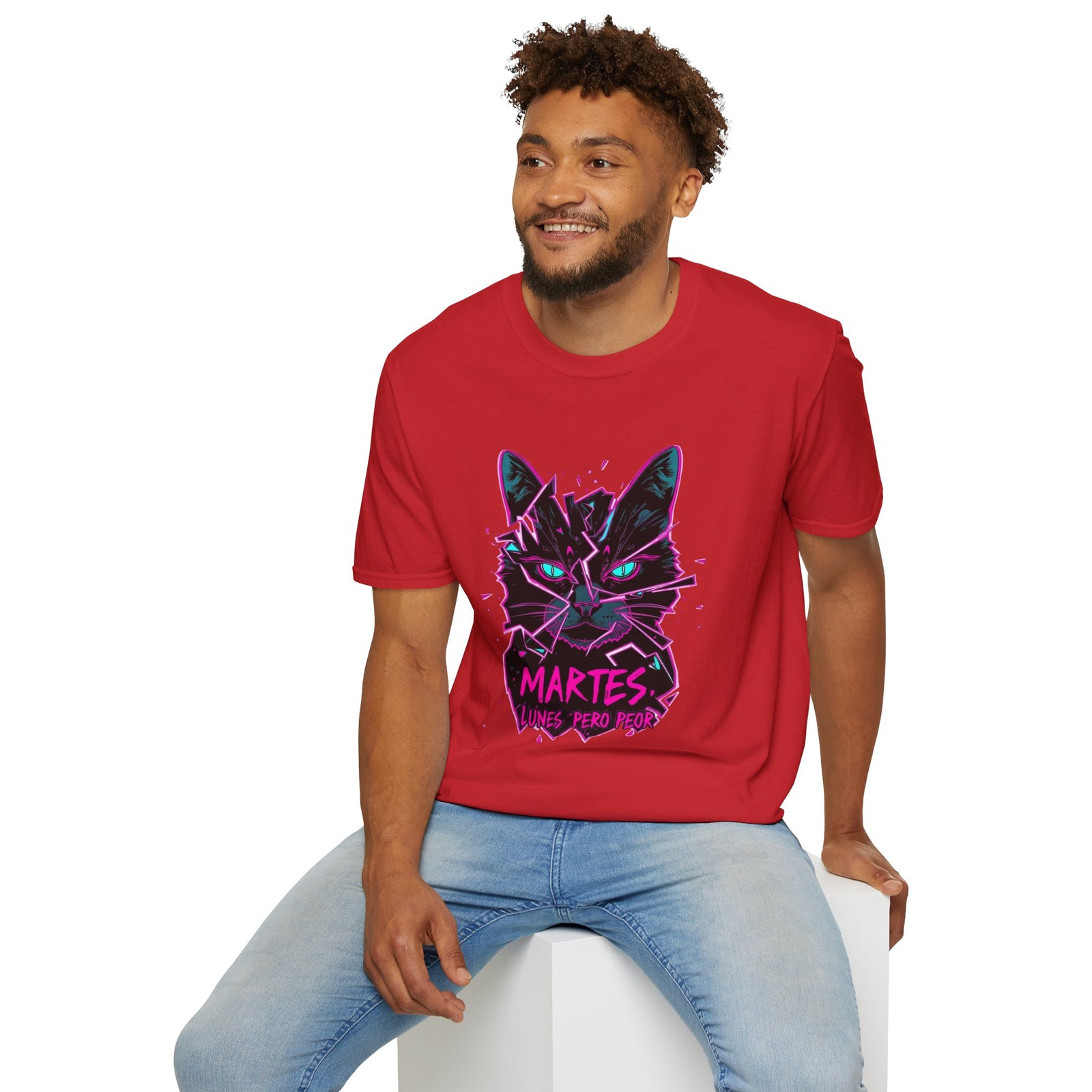 Cat Graphic T-Shirt — Neon Retro "Martes" Design (Lunes Pero Puro)